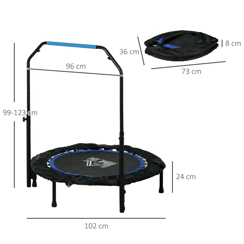 Fitness Trampoline, Foldable, Adjustable Handle, Ø102cm, Black/Blue - Image 3