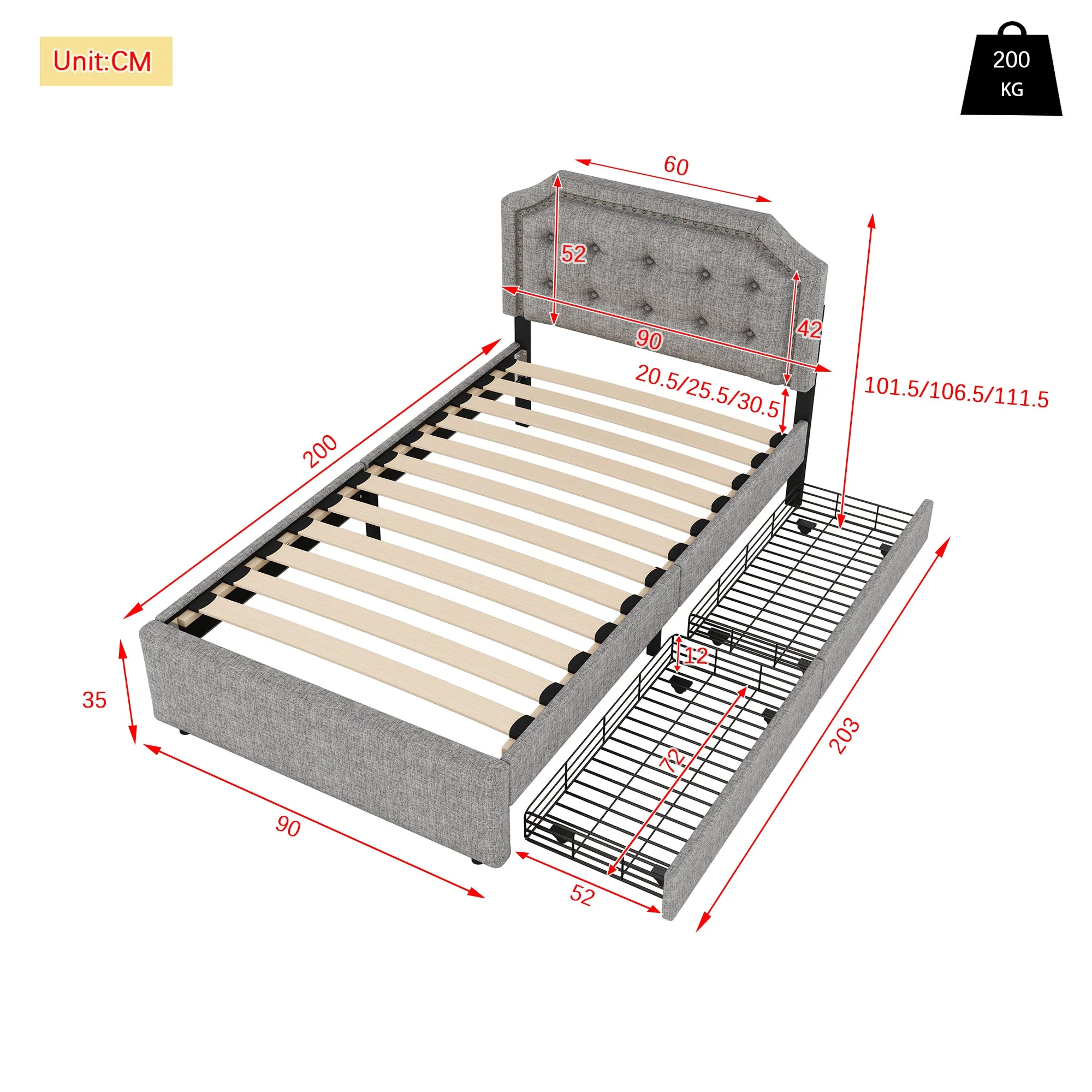 Flat Bed 90x200cm, Upholstered with Decorative Studs, Double Drawers, Grey - Image 4