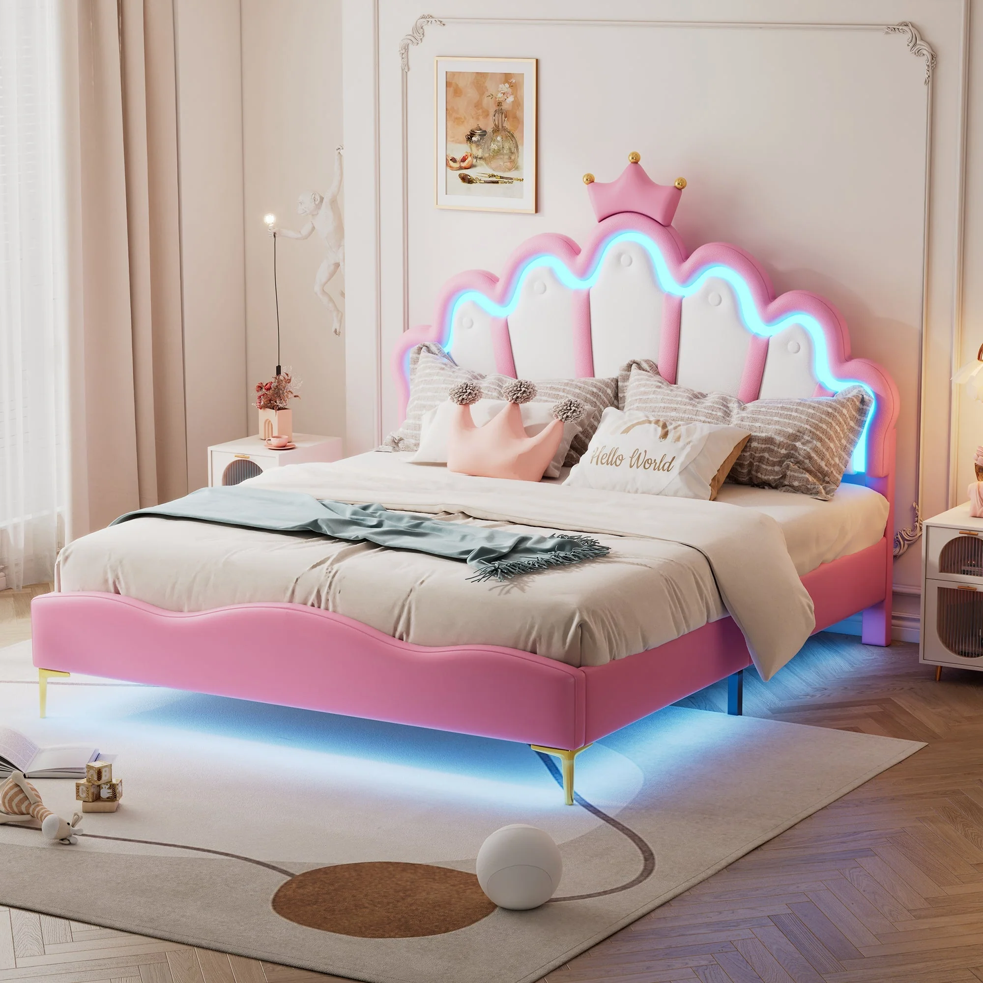 Flat Double Bed 140x200cm Crown-Shaped LED PU Leather - Pink - Image 2