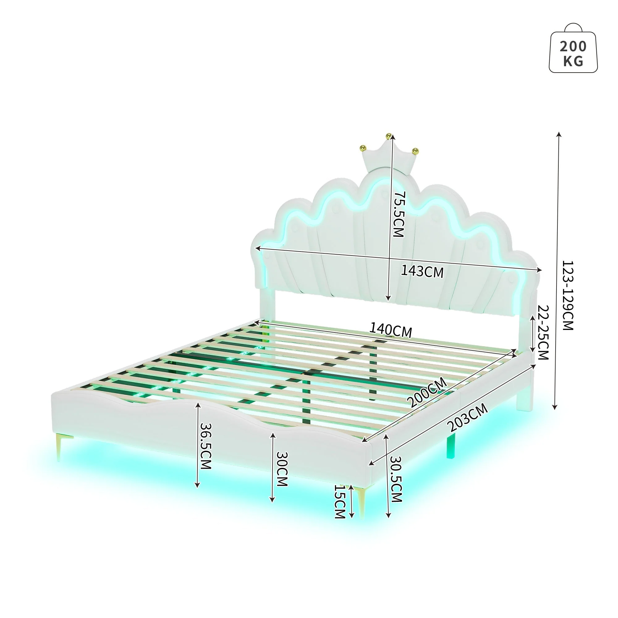 Flat Double Bed 140x200cm Crown-Shaped PU Leather Adjustable LED - White - Image 5
