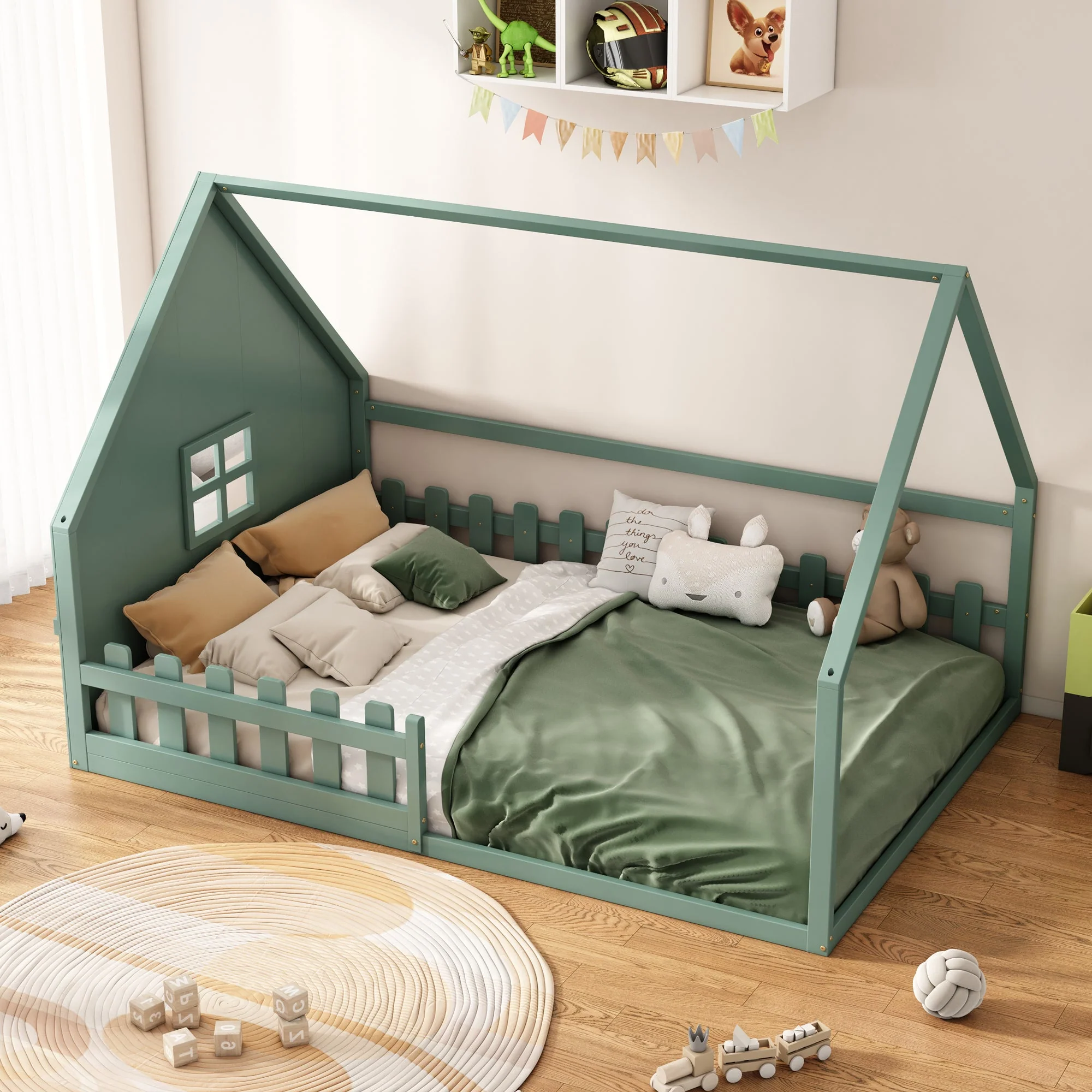Flatbed 140x200cm House Rail Railing Pine Wood - Green - Image 3