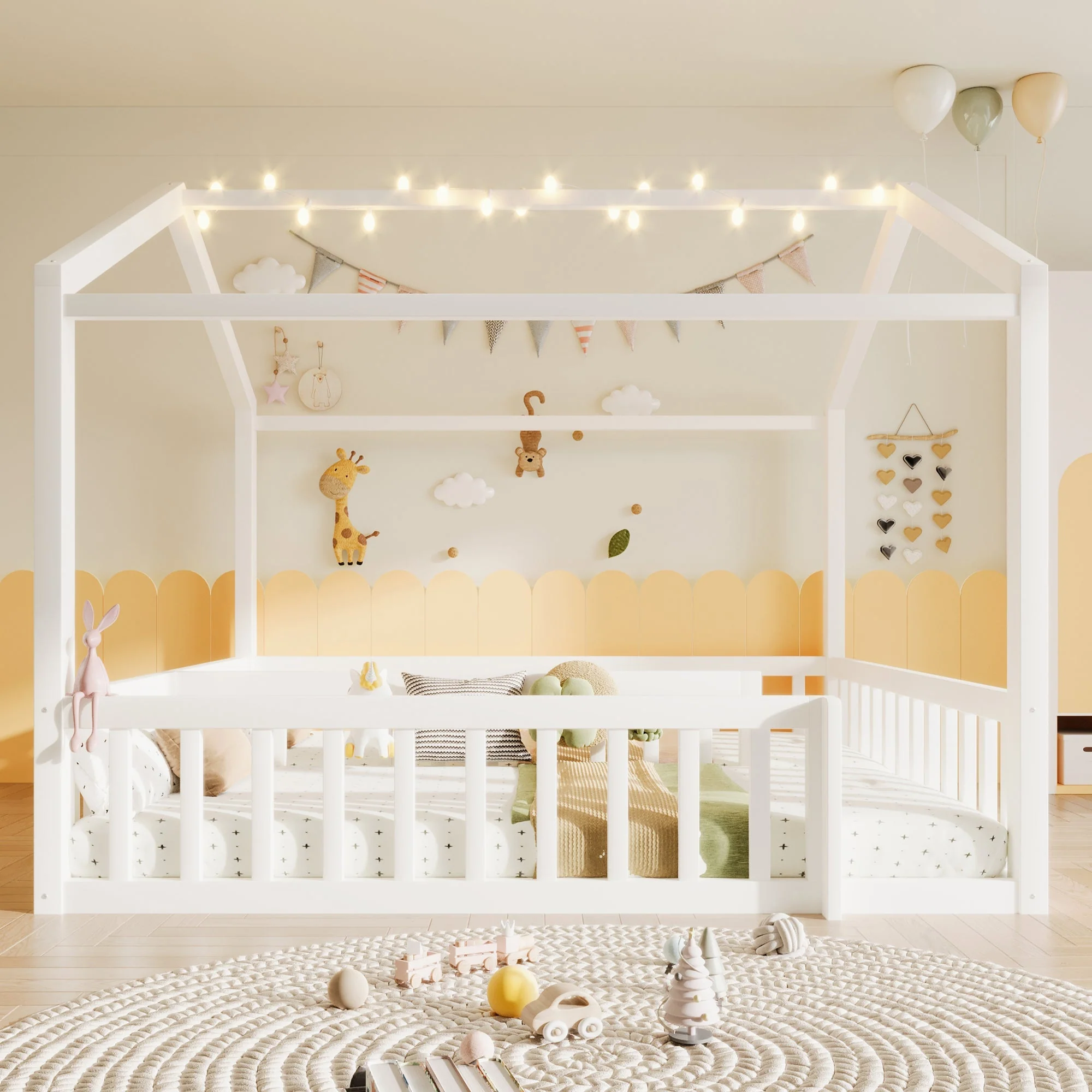 Flatbed Convertible Children's Bed 90x190cm to 180x190cm House Rail LED Lights Pine Wood White - Image 5