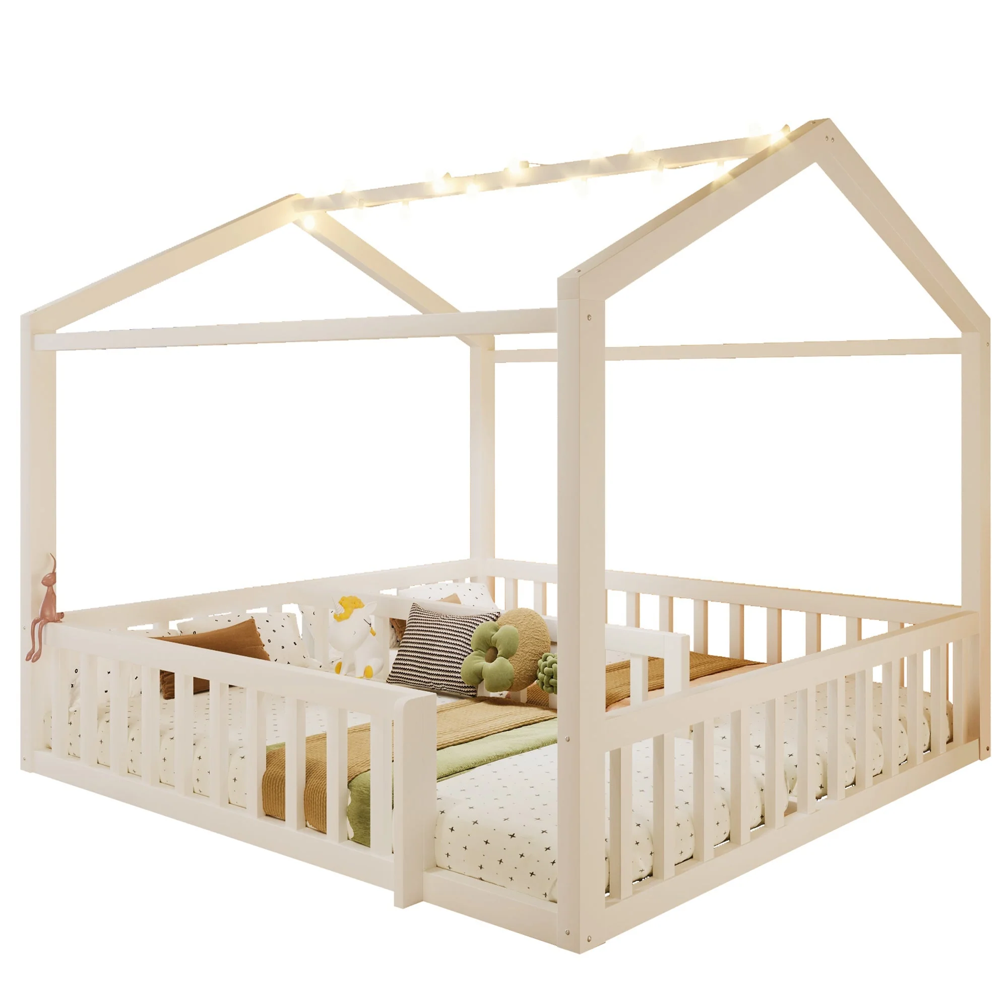 Flatbed Convertible Children's Bed 90x190cm to 180x190cm House Rail LED Lights Pine Wood White - Image 6