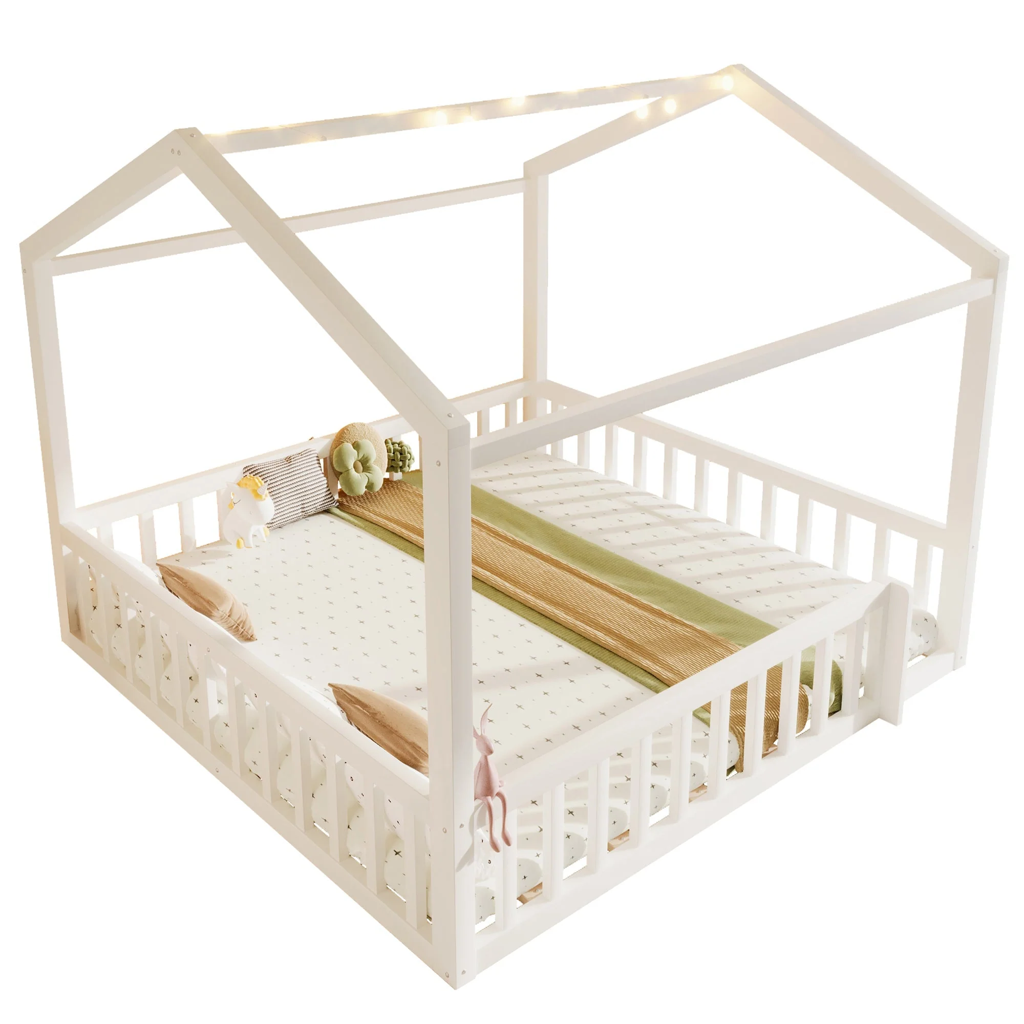 Flatbed Convertible Children's Bed 90x190cm to 180x190cm House Rail LED Lights Pine Wood White - Image 7