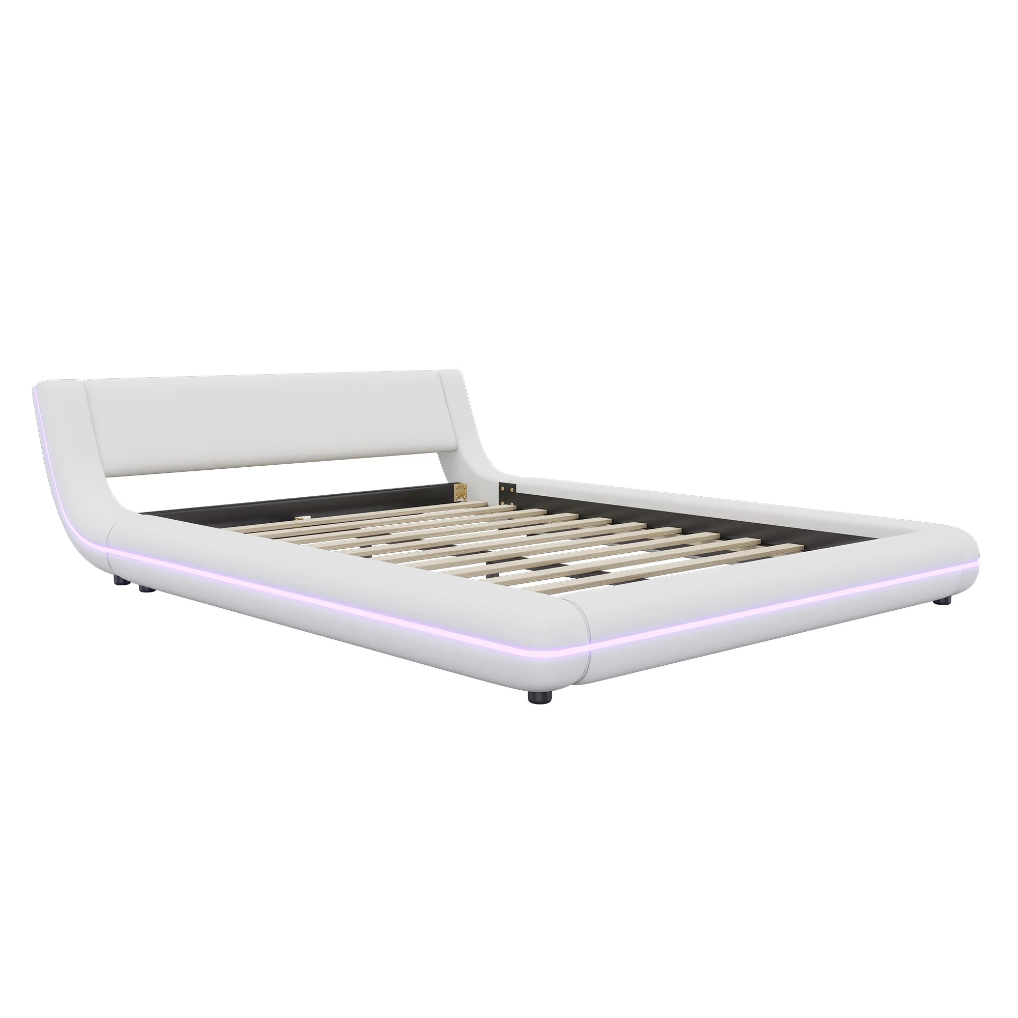 Flatbed Floor Bed with LED Ambient Light, 140x200cm, White PU - Image 9