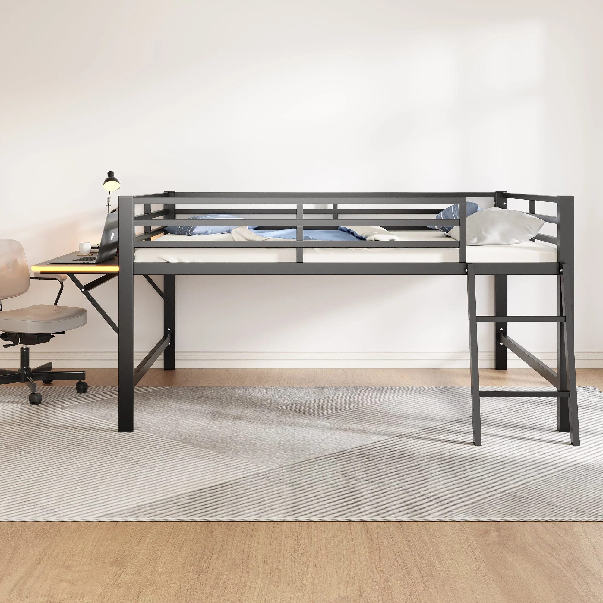 Flatbed Metal Bed 140x200cm Desk Ladder LED Light - Black - Image 7