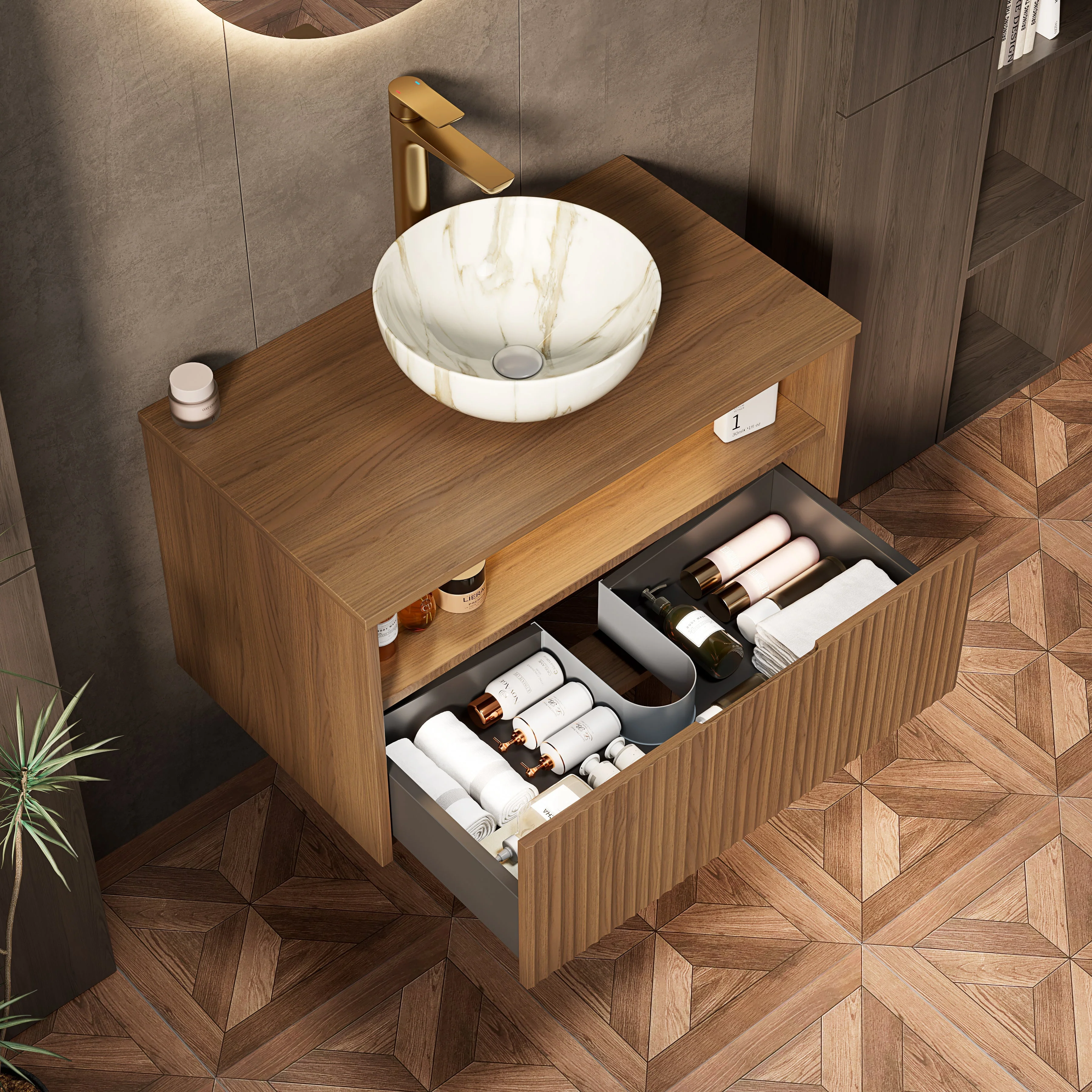 Floating Bathroom Sink with Ceramic Bowl and Sensor Light, Espresso Wood Grain - Image 3