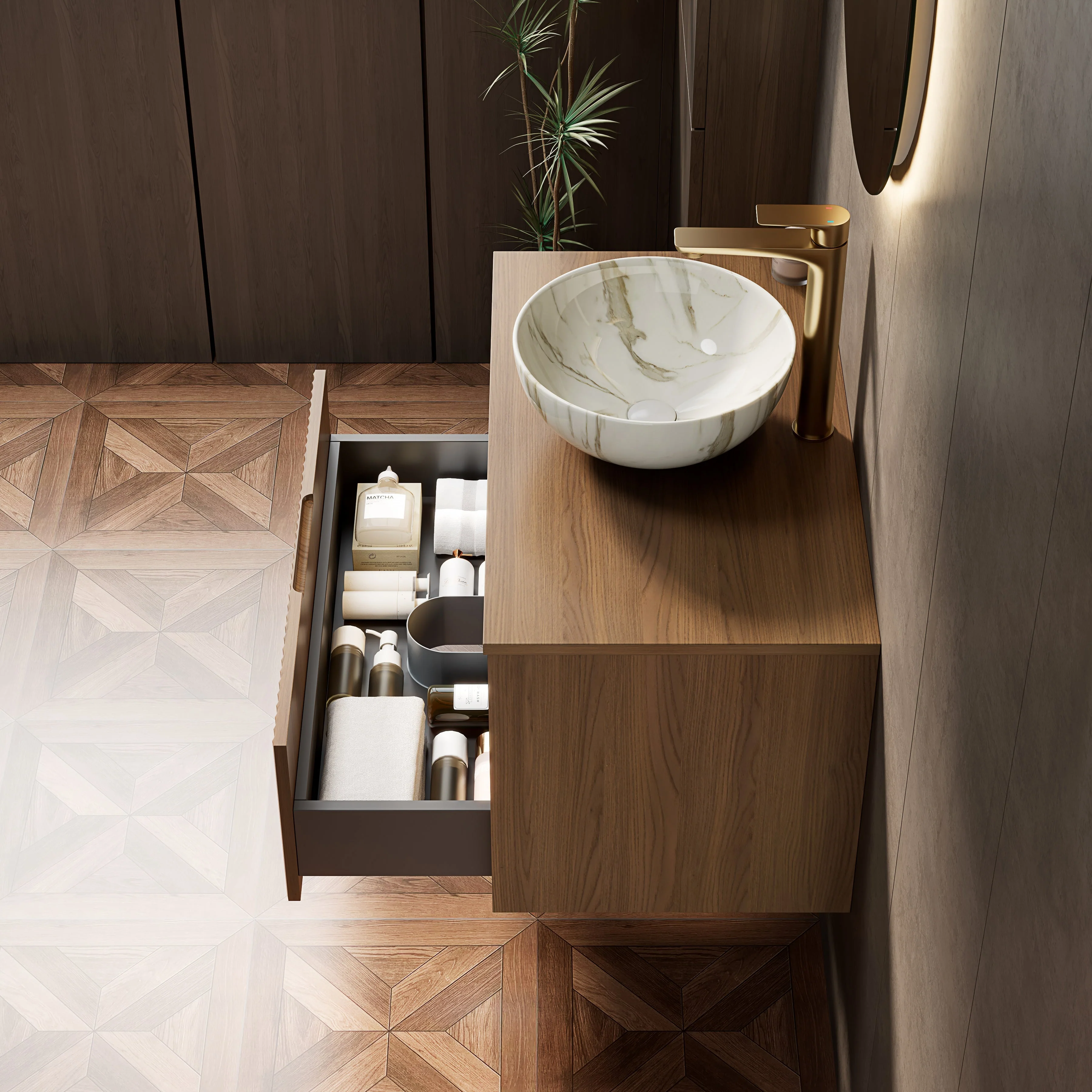 Floating Bathroom Sink with Ceramic Bowl and Sensor Light, Espresso Wood Grain - Image 6