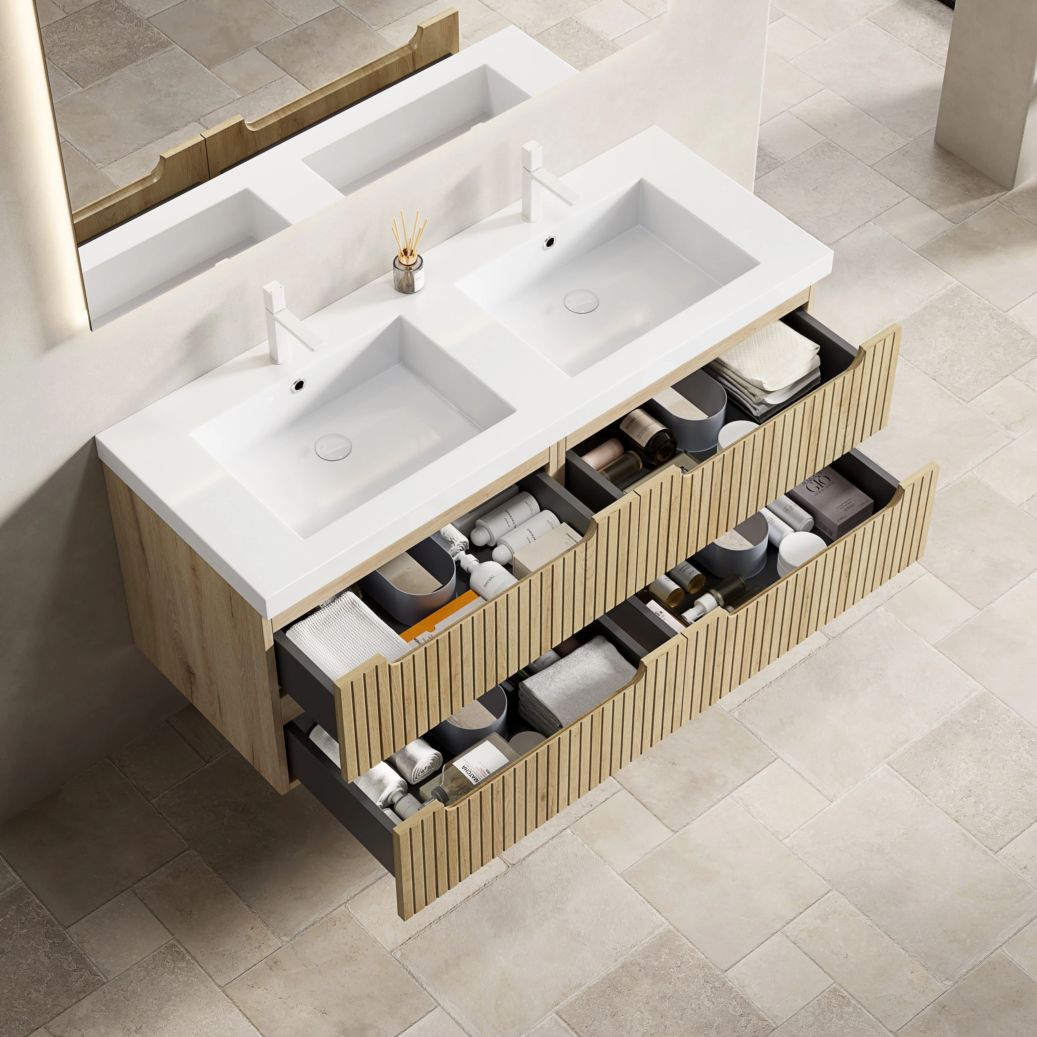 Floating Bathroom Vanity Unit with 2 Undermount Sinks and 4 Drawers, White Oak Wood Grain - Image 3