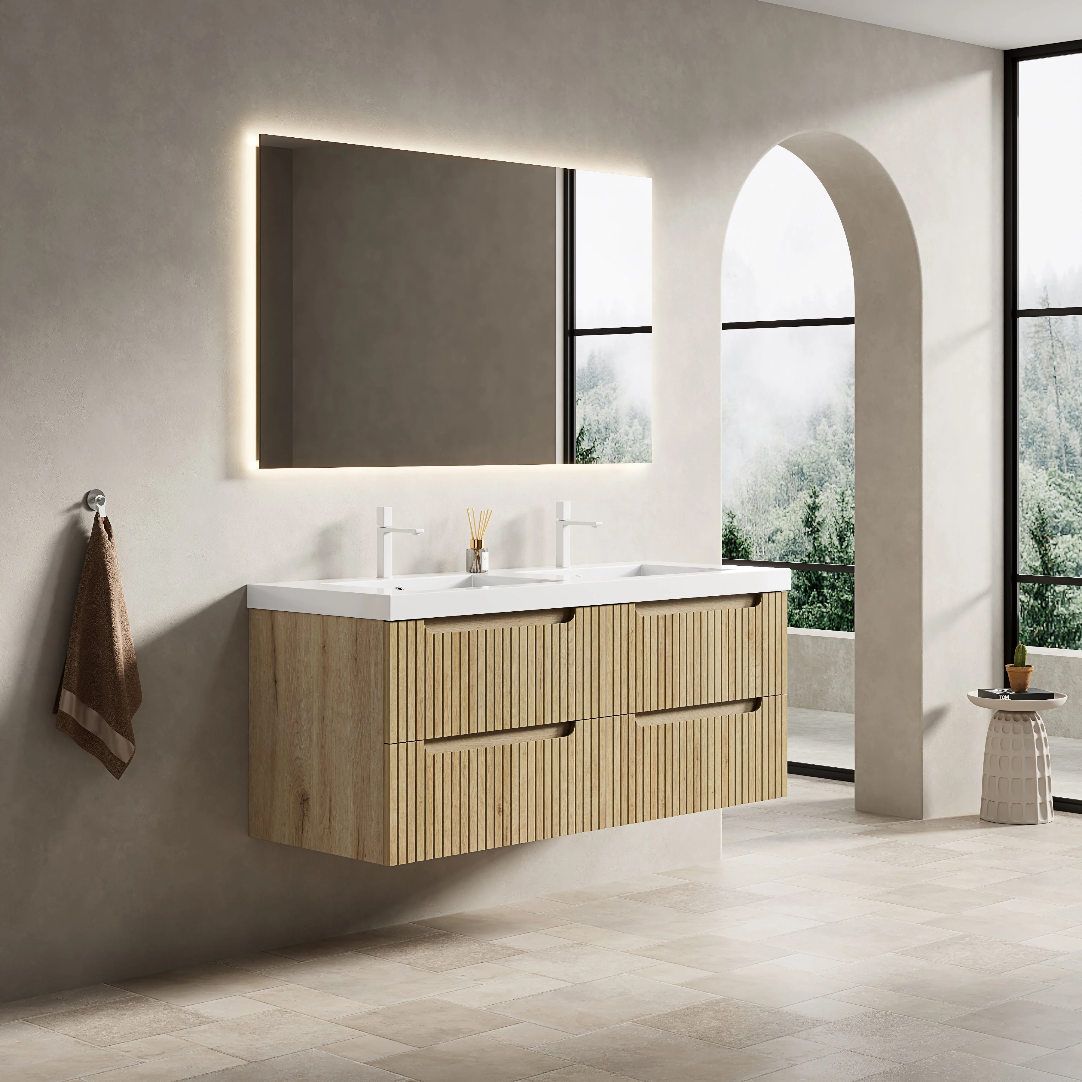 Floating Bathroom Vanity Unit with 2 Undermount Sinks and 4 Drawers, White Oak Wood Grain - Image 5
