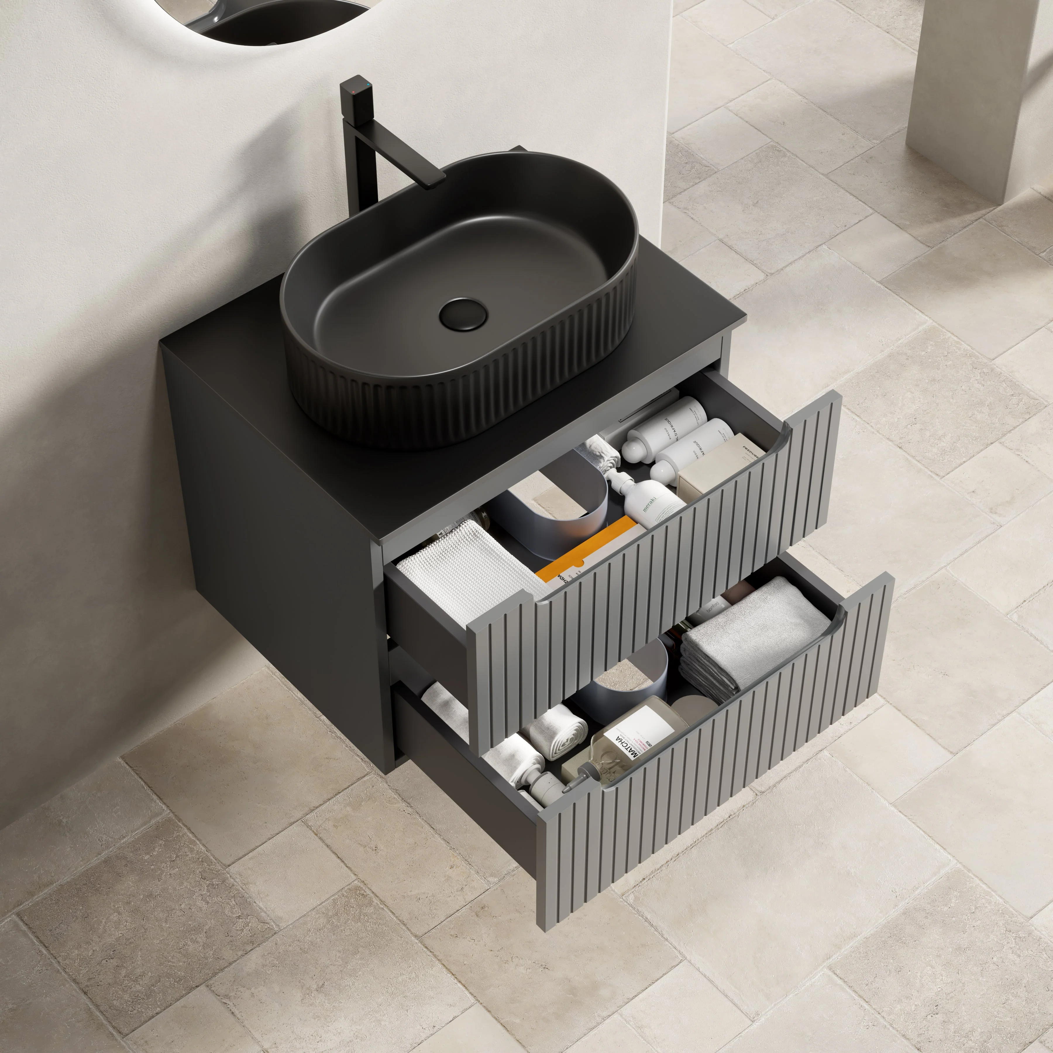 Floating Bathroom Vanity Unit with Oval Sink and Sintered Stone Top, Dark Grey - Image 3