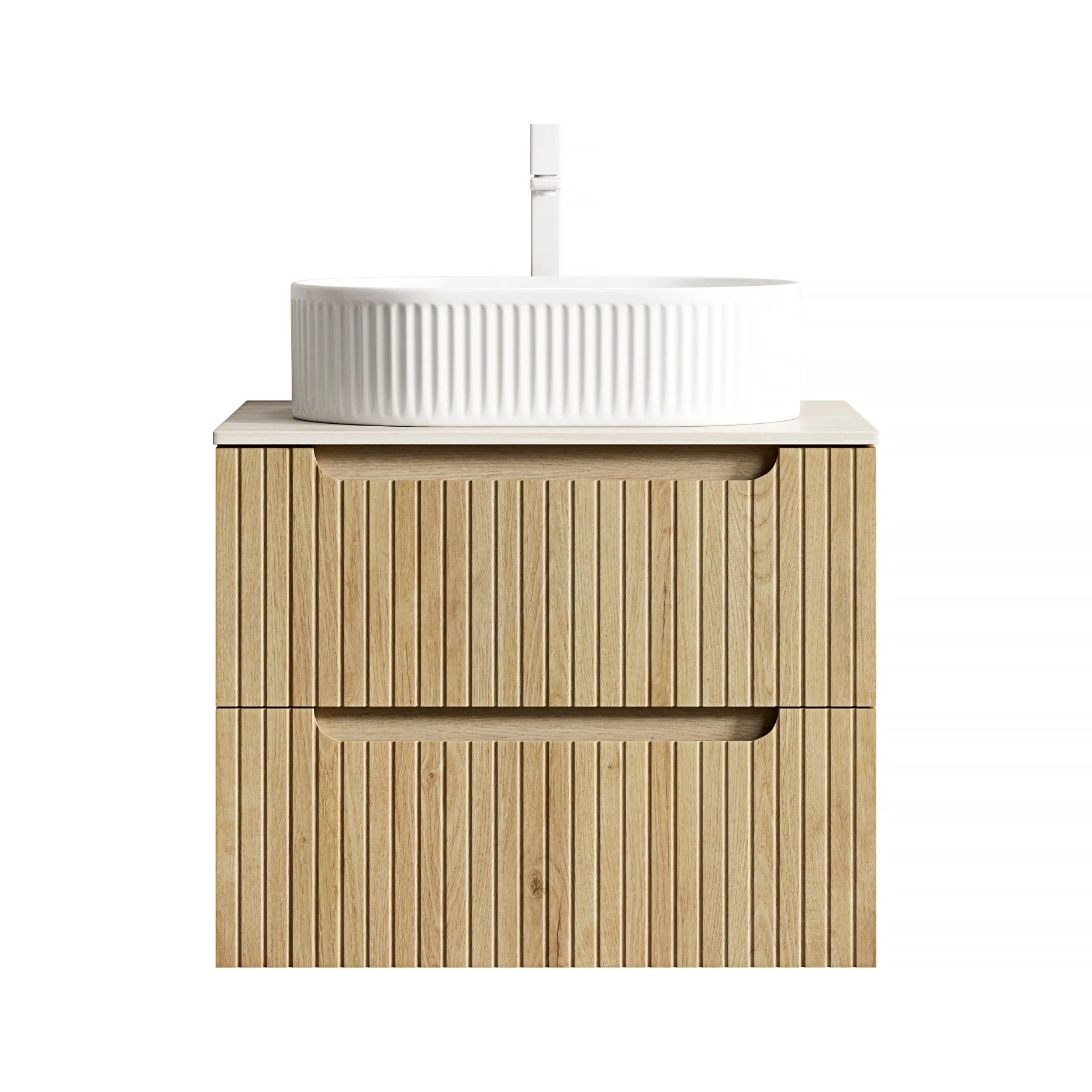 Floating Bathroom Vanity Unit with Oval Sink and Sintered Stone Top, White Oak Wood Grain - Image 7