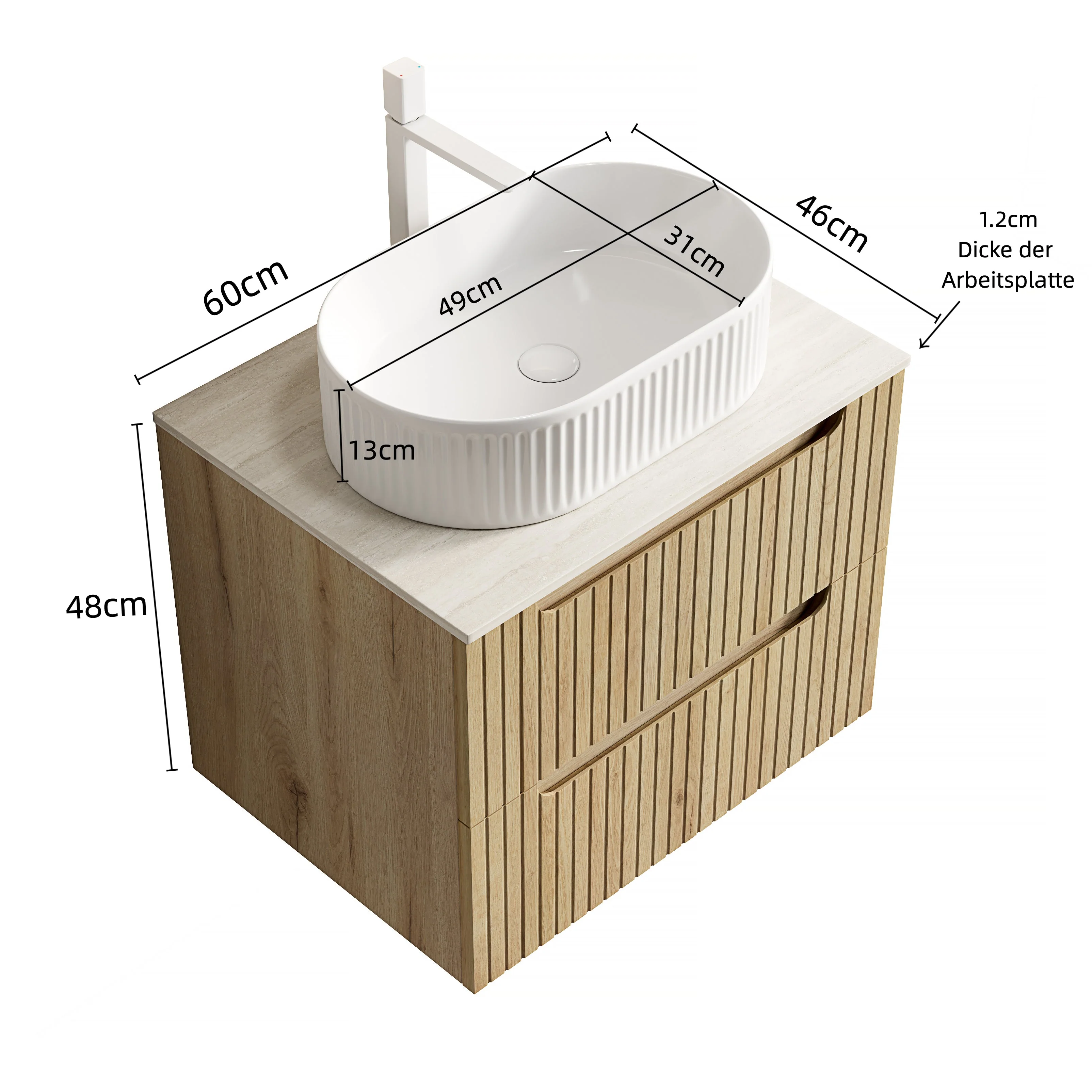 Floating Bathroom Vanity Unit with Oval Sink and Sintered Stone Top, White Oak Wood Grain - Image 9
