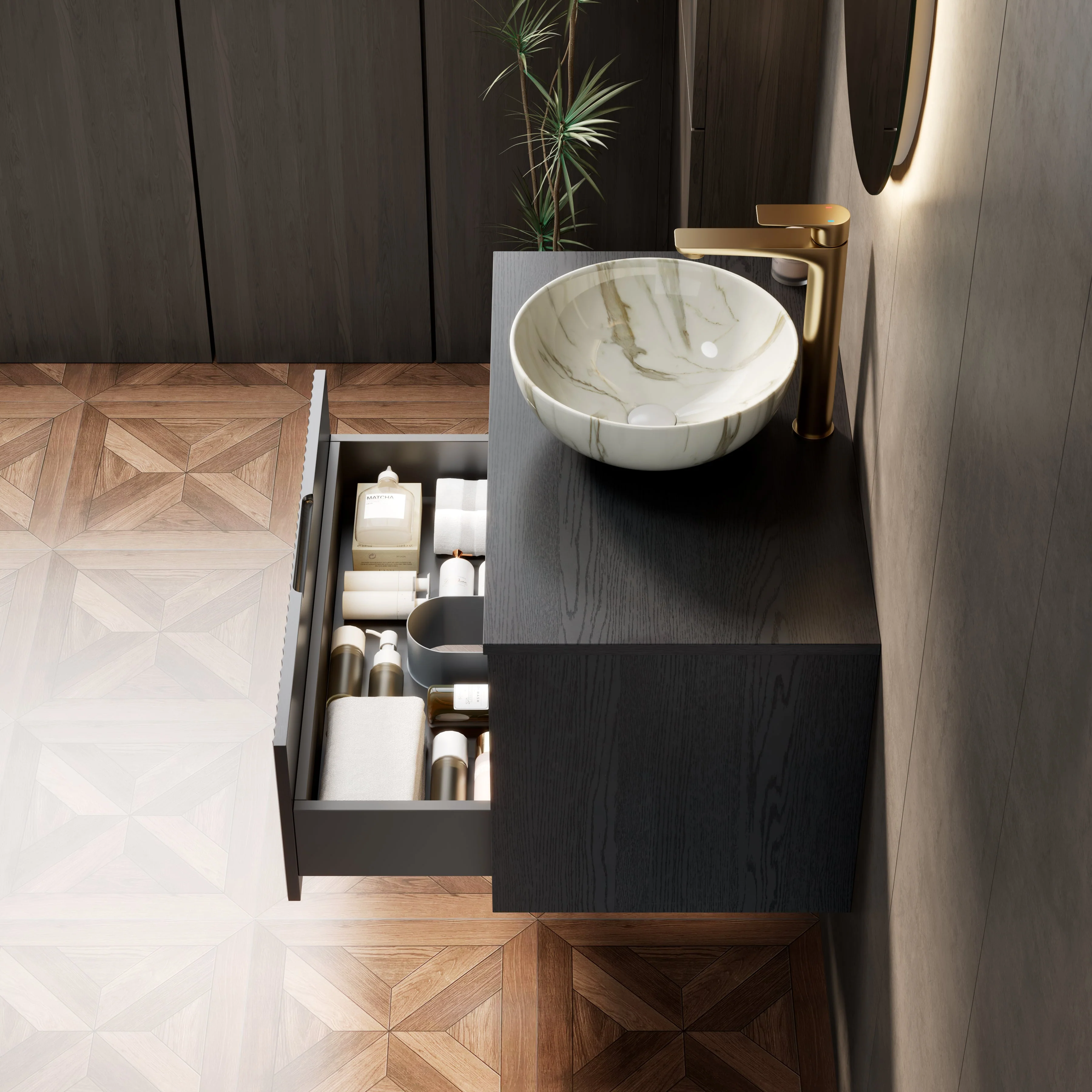 Floating Bathroom Vanity with Ceramic Basin and Sensor Light, 80cm Plywood, Black - Image 3