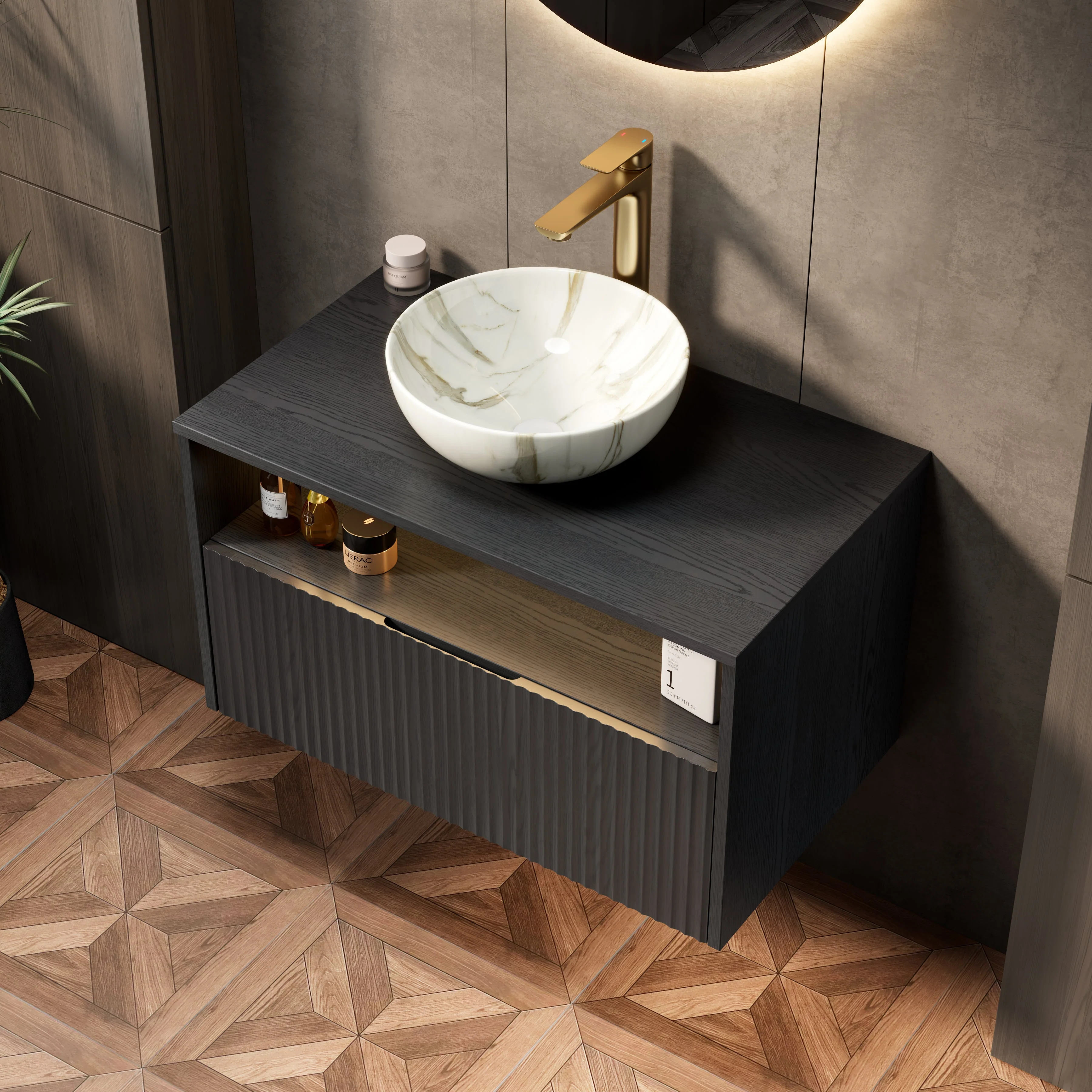 Floating Bathroom Vanity with Ceramic Basin and Sensor Light, 80cm Plywood, Black - Image 4