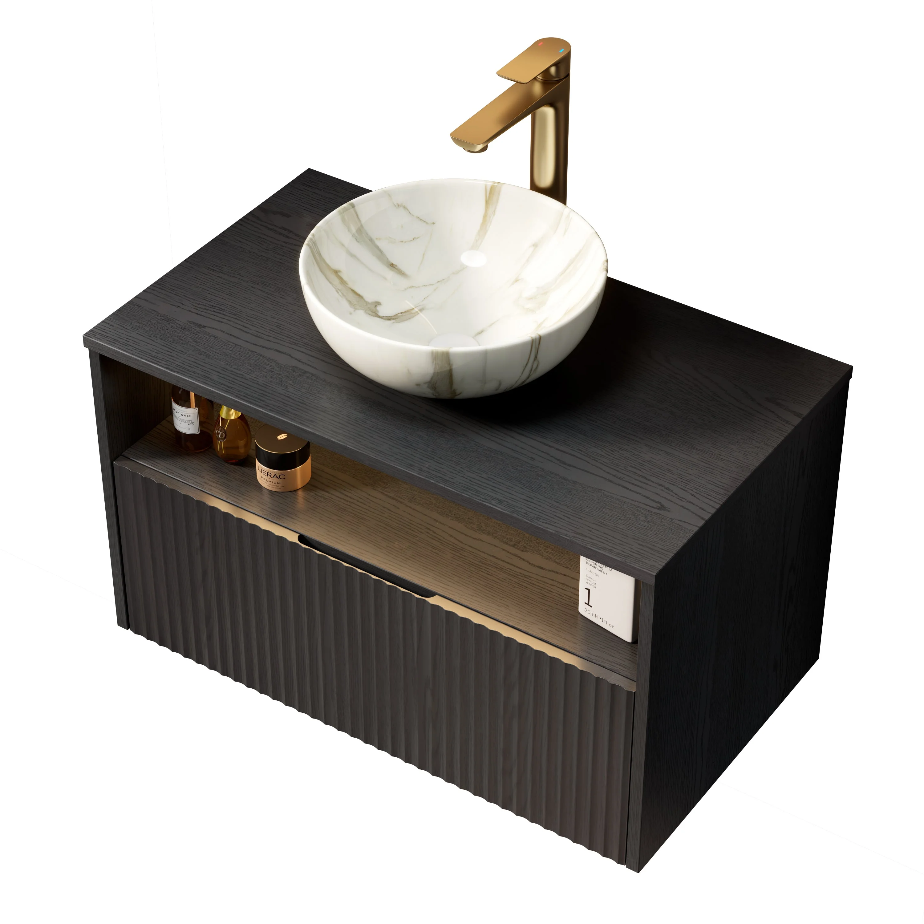 Floating Bathroom Vanity with Ceramic Basin and Sensor Light, 80cm Plywood, Black - Image 7