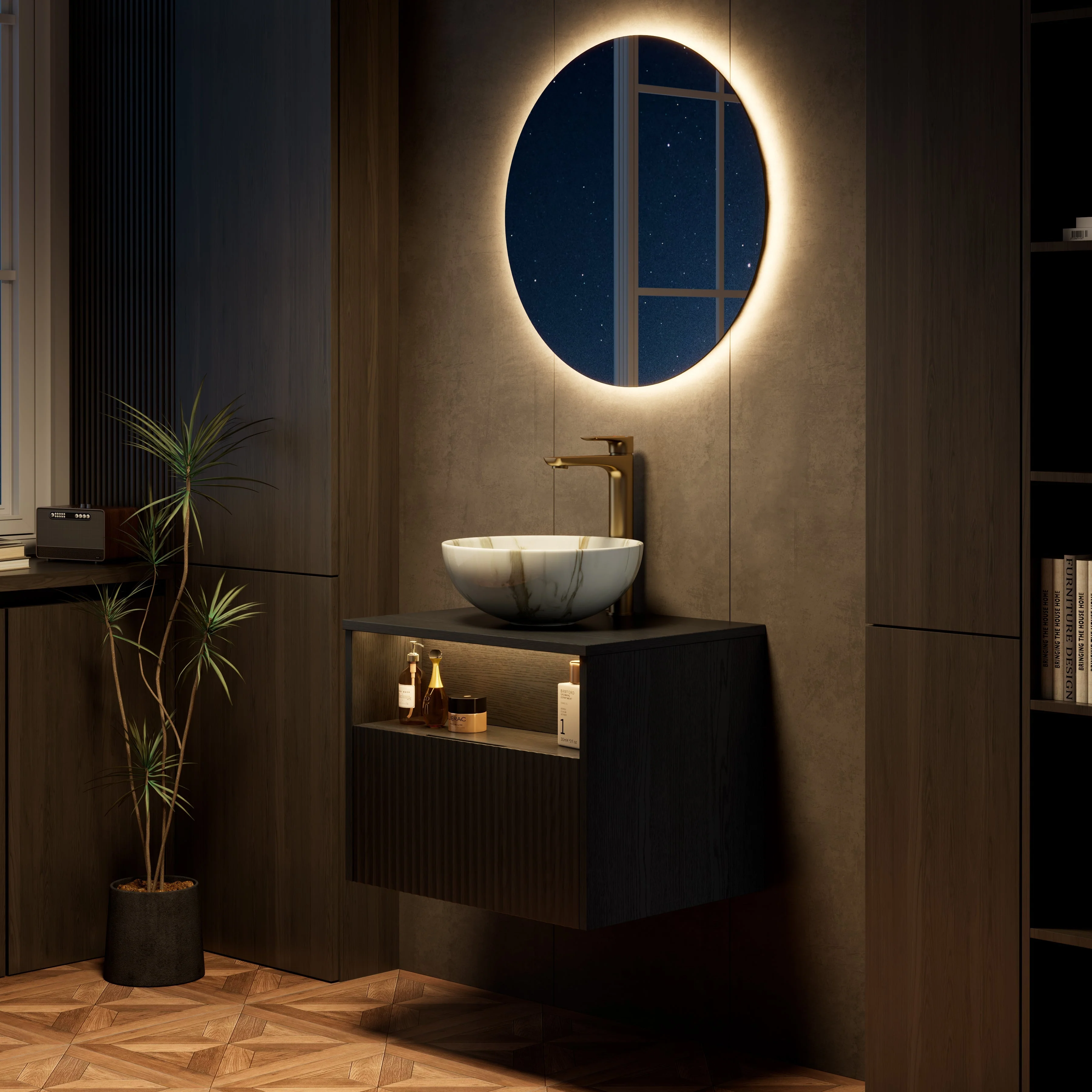 Floating Bathroom Vanity with Ceramic Basin and Sensor Light, Black Plywood - Image 5