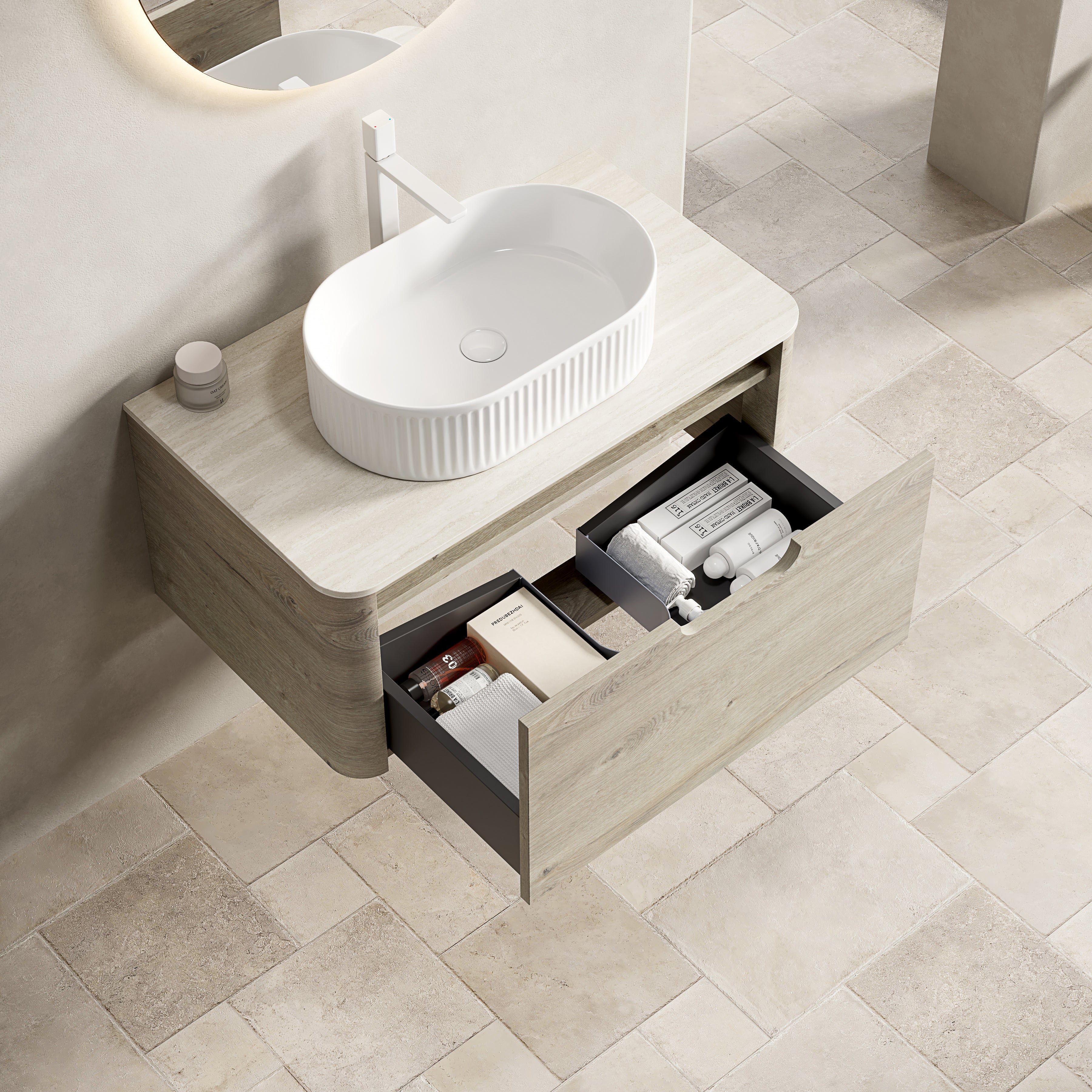 Floating Bathroom Vanity with Oval Sink and Sintered Stone Top, Oak Cream Wood Grain - Image 3