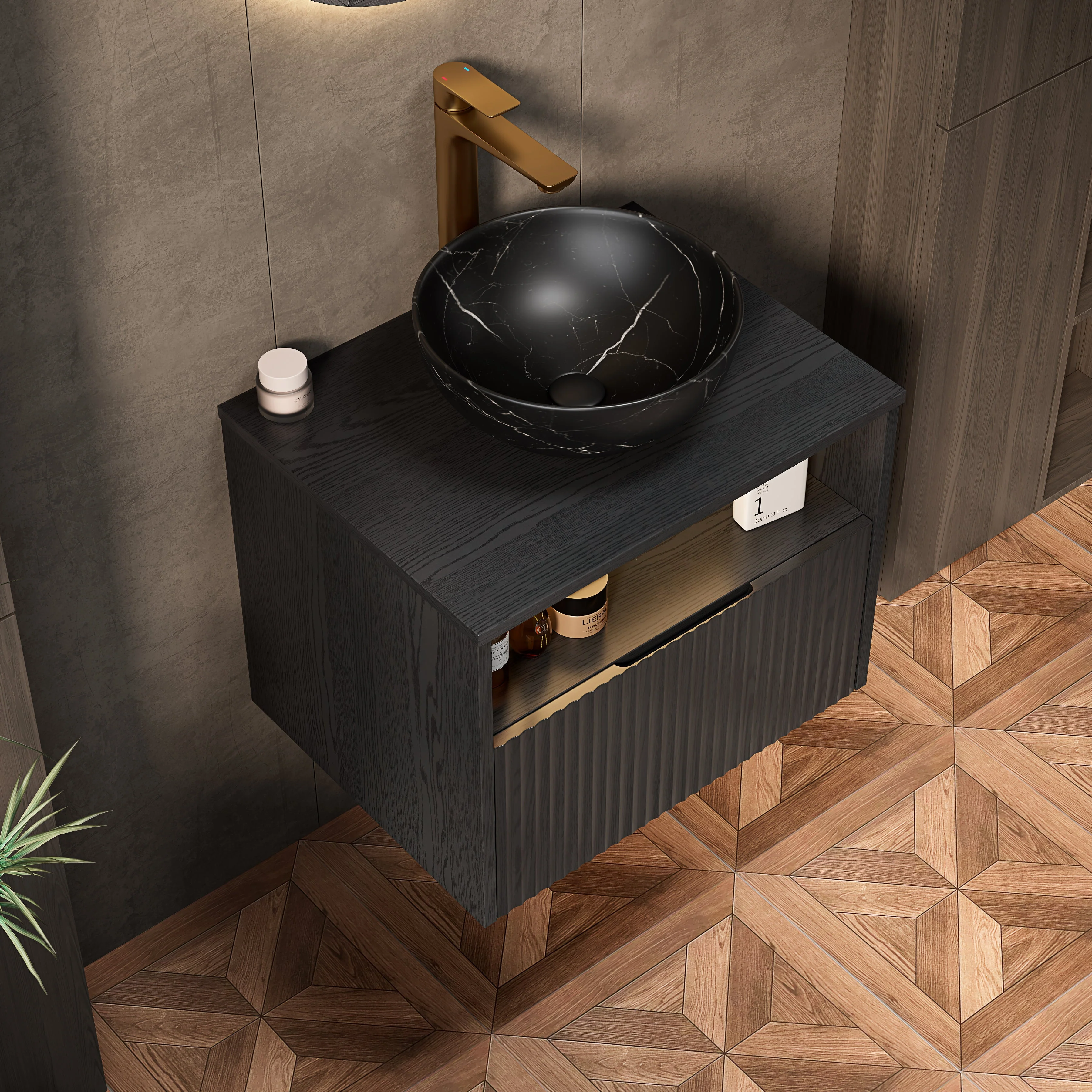 Floating Bathroom Washbasin with Ceramic Bowl and Sensor Light, 60cm Plywood Cabinet, Black - Image 2
