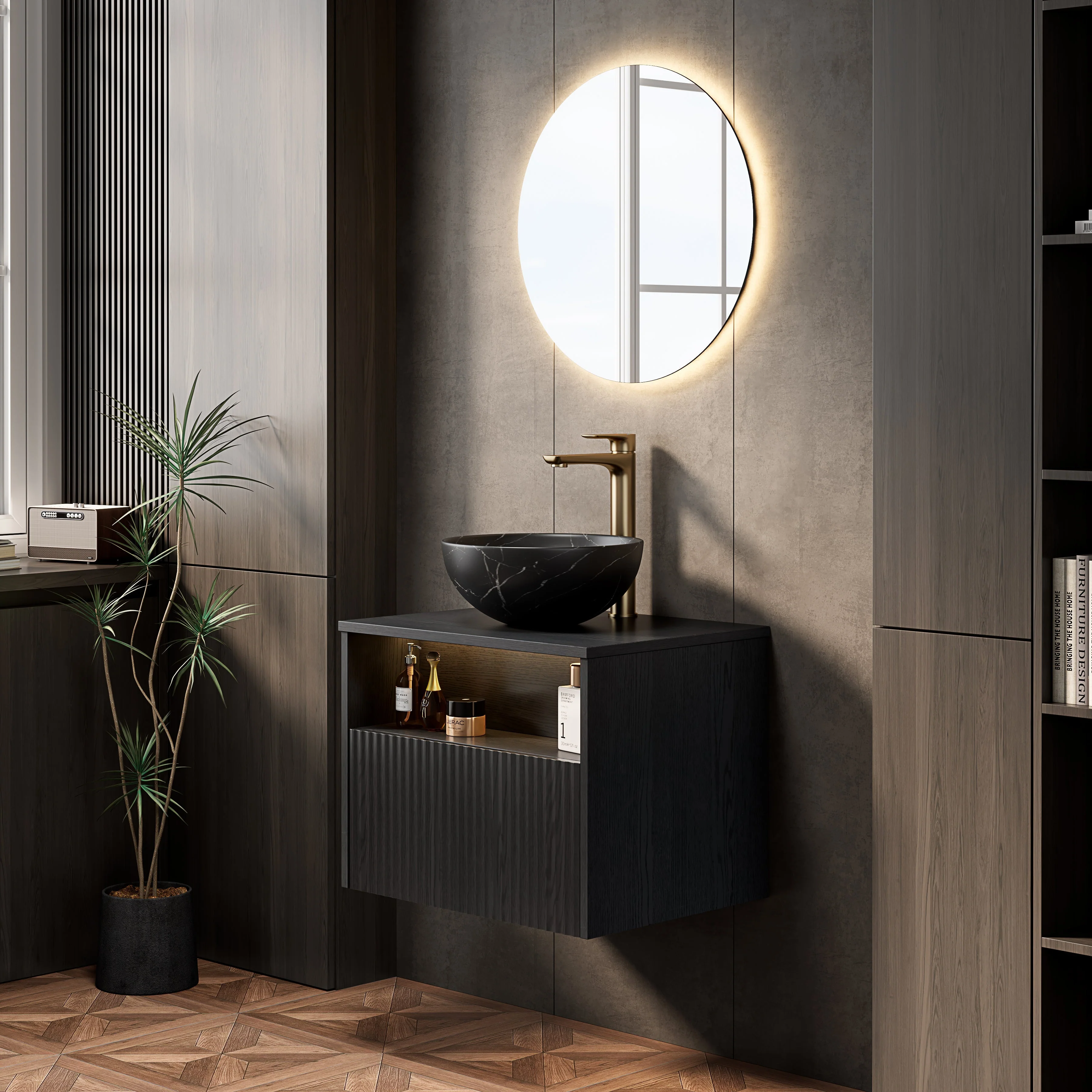 Floating Bathroom Washbasin with Ceramic Bowl and Sensor Light, 60cm Plywood Cabinet, Black - Image 6