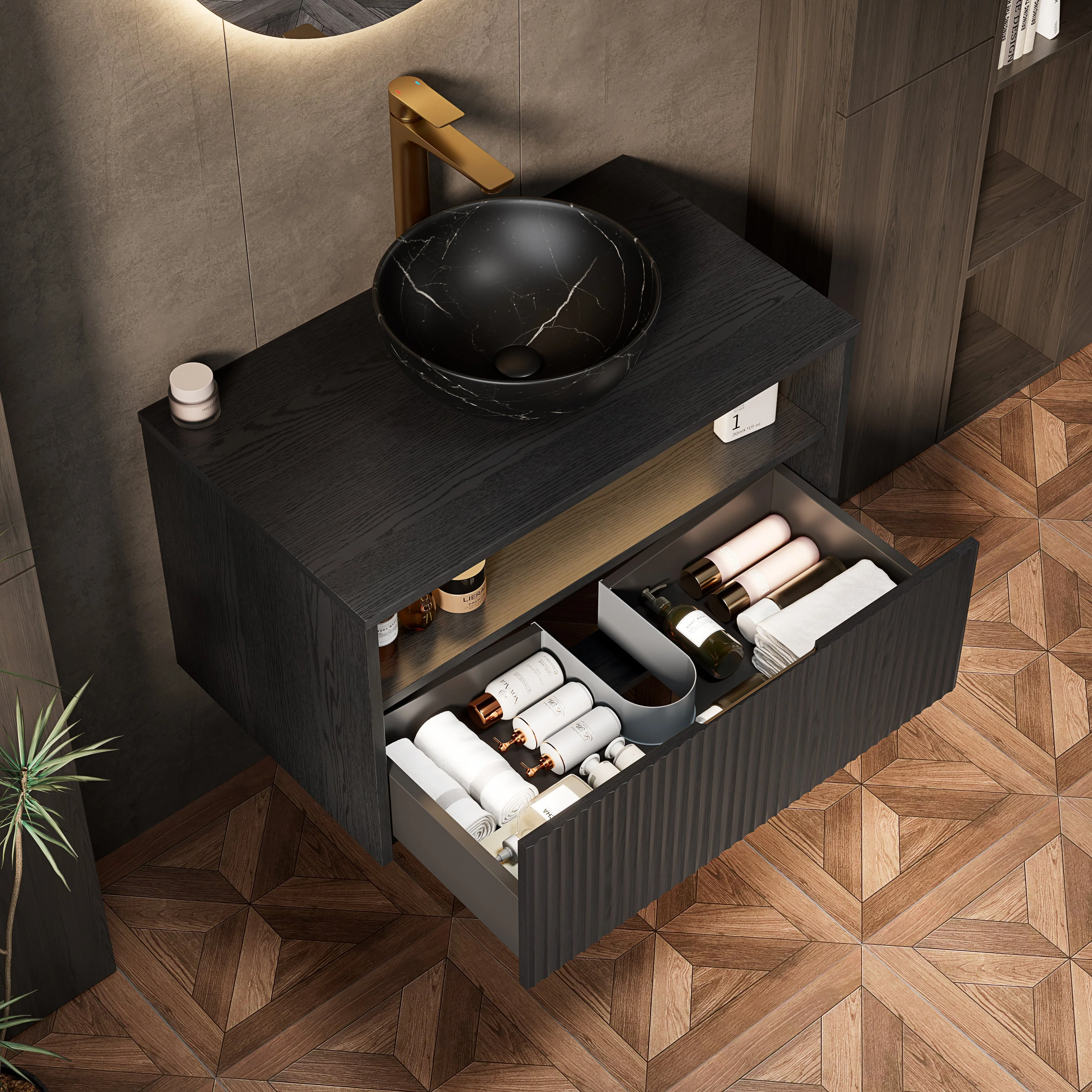 Floating Bathroom Washbasin with Ceramic Bowl and Sensor Light, 80cm Black Plywood Cabinet - Image 3
