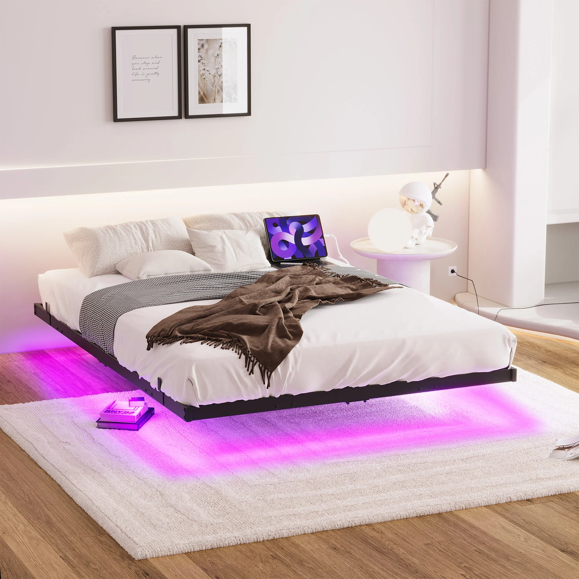 Floating Bed Frame 120x200cm LED Charging Station Metal - Black - Image 2