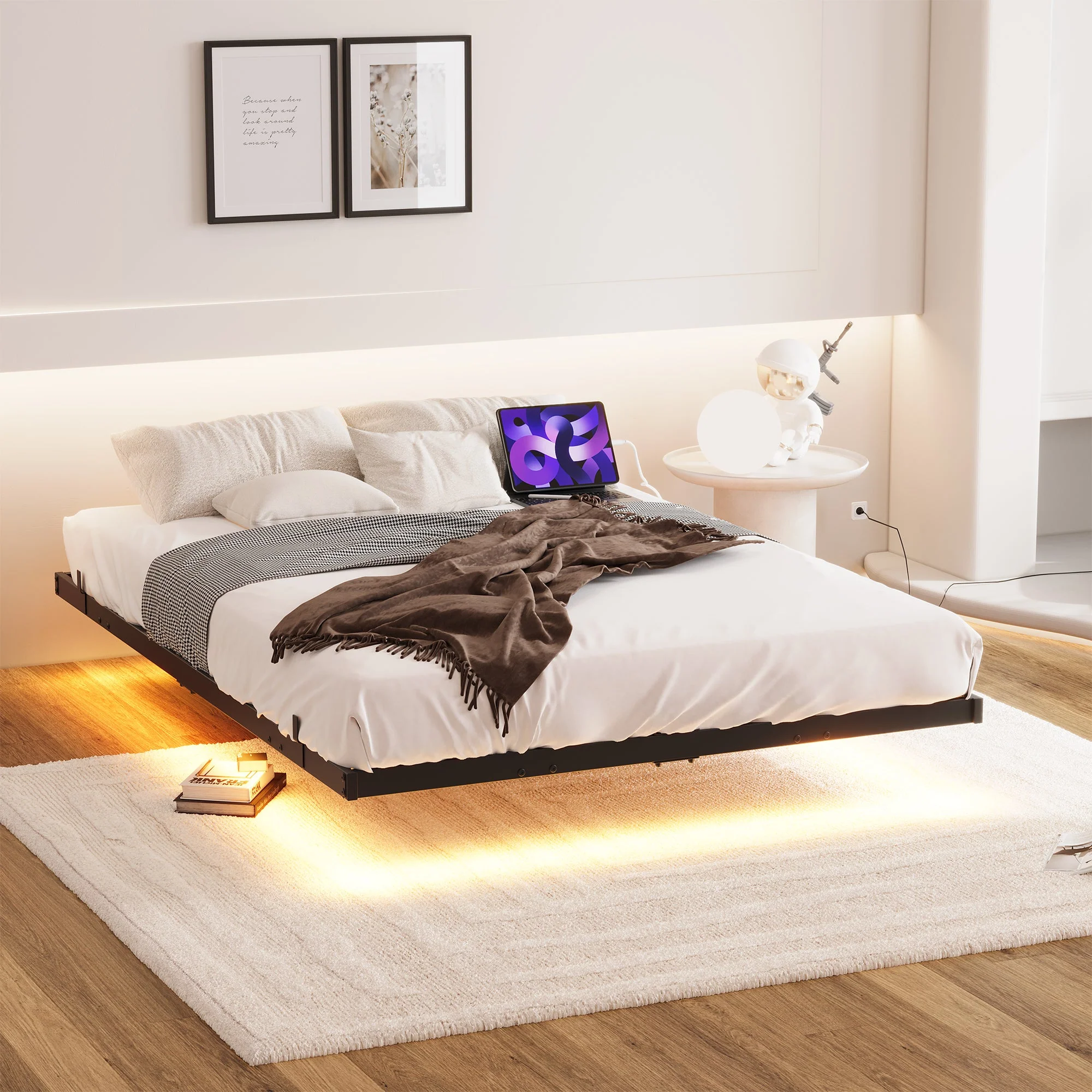 Floating Bed Frame 120x200cm LED Charging Station Metal - Black - Image 4
