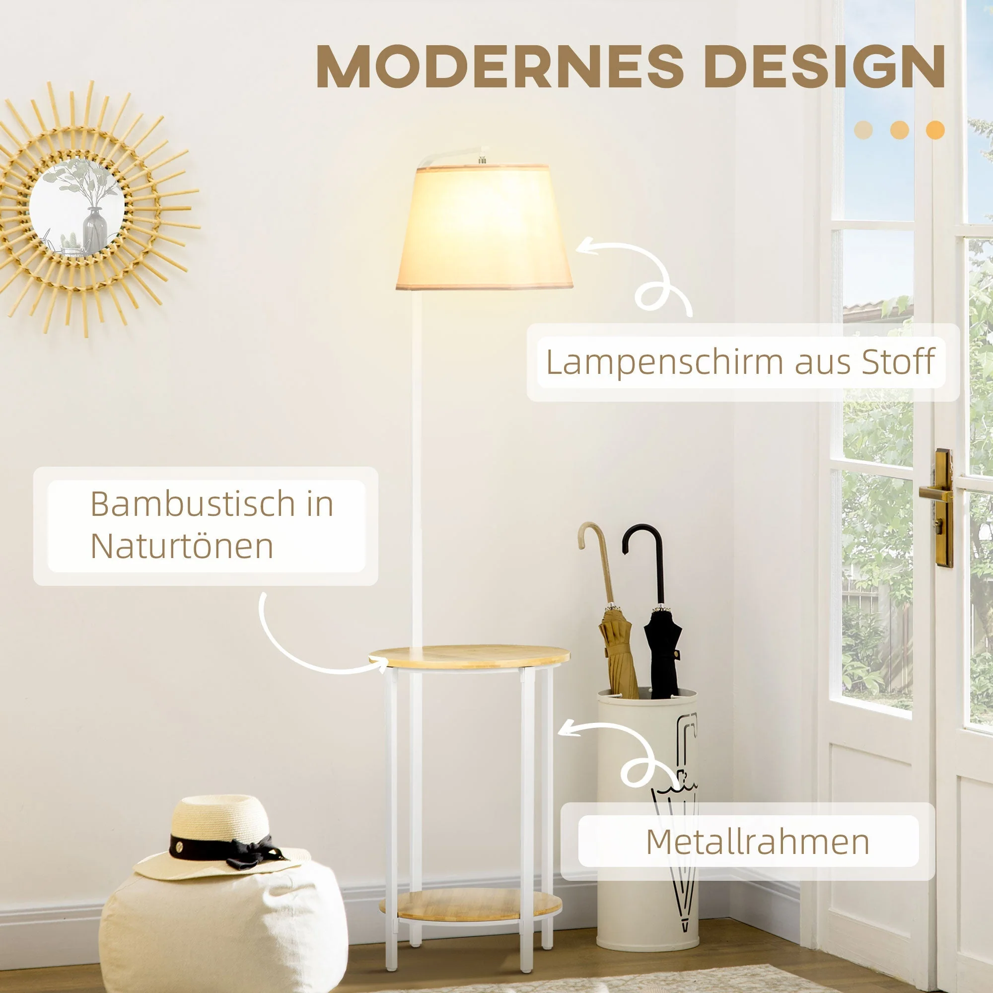 Floor Lamp 162cm Standing with 2 Shelves Linen Lampshade, White Metal - Image 5