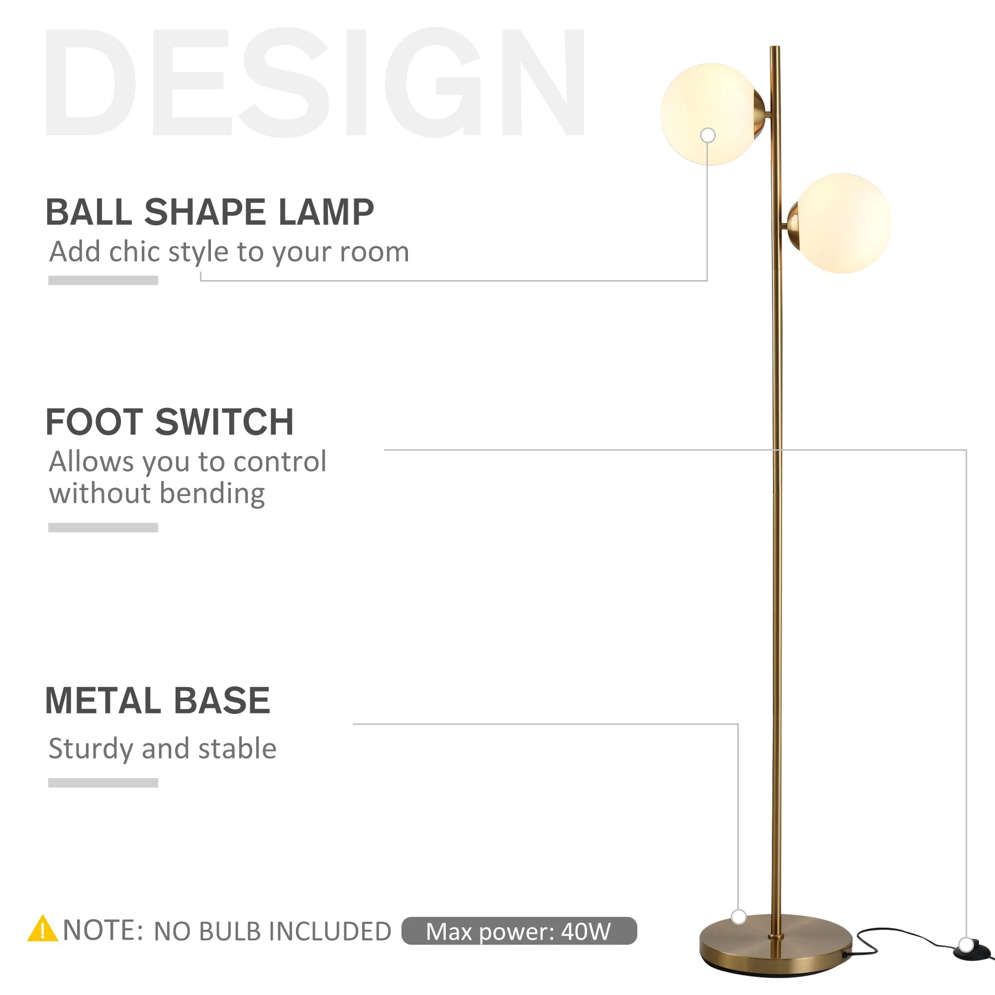 Floor Lamp 2-Piece, Glass Lampshade 165cm High, Gold and White - Image 6