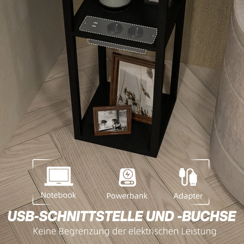 Floor Lamp, 3 Compartments, E27 Socket, Fabric Lampshade, USB-A, USB-C Ports, White+Black - Image 4