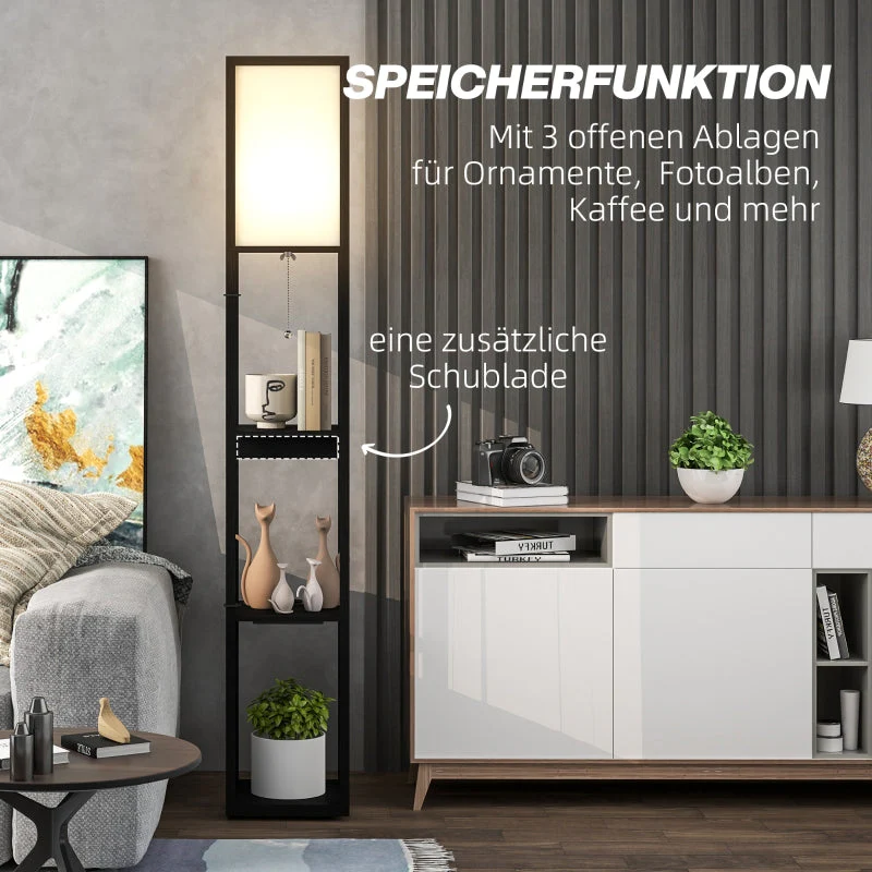 Floor Lamp, 3 Compartments, E27 Socket, Fabric Lampshade, USB-A, USB-C Ports, White+Black - Image 5