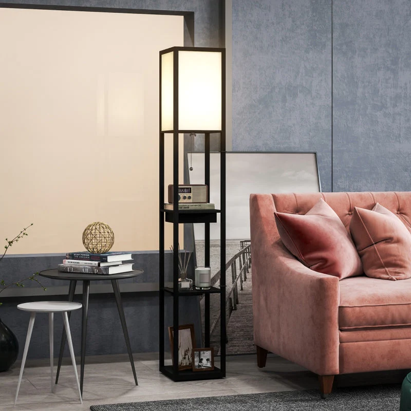 Floor Lamp, 3 Compartments, E27 Socket, Fabric Lampshade, USB-A, USB-C Ports, White+Black - Image 7