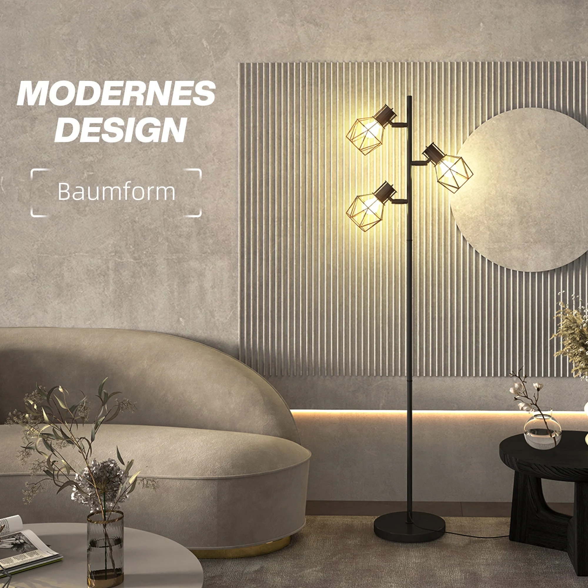 Floor Lamp, 3 E27 Sockets 40W Adjustable Flames 169cm, Black Metal - Image 4
