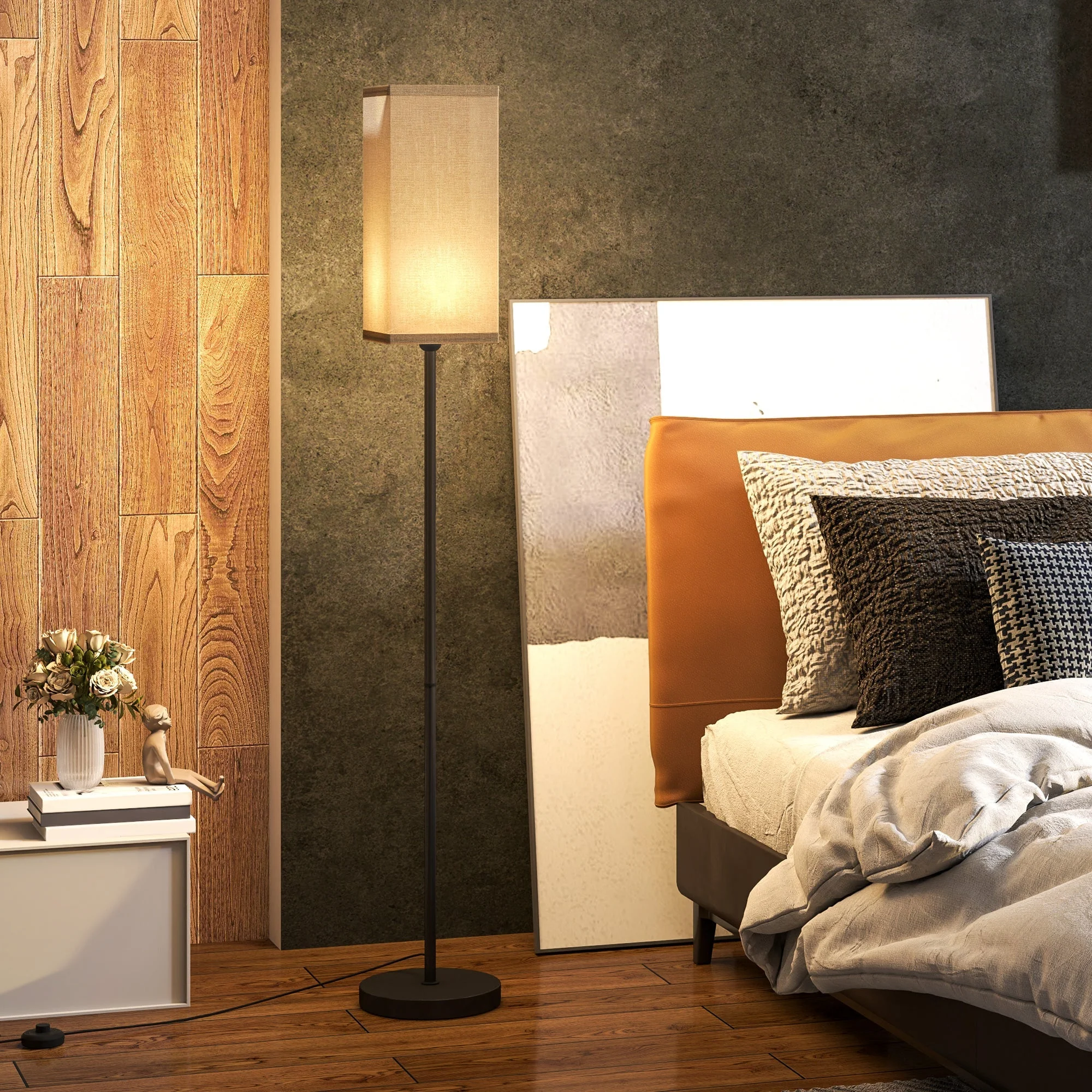Floor Lamp, Foot Switch, Linen-Look Shade, Black