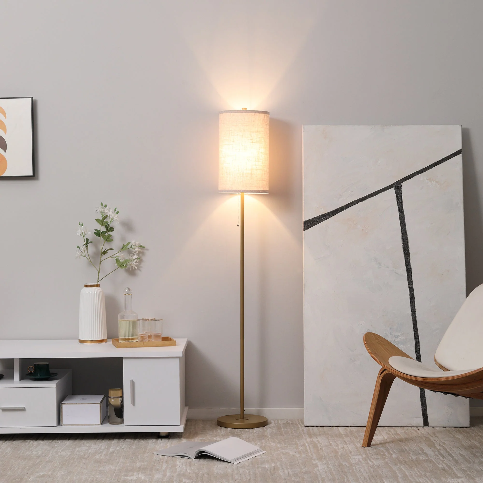 Floor Lamp, living room with linen lampshade, pull chain switch, steel stand, cream white