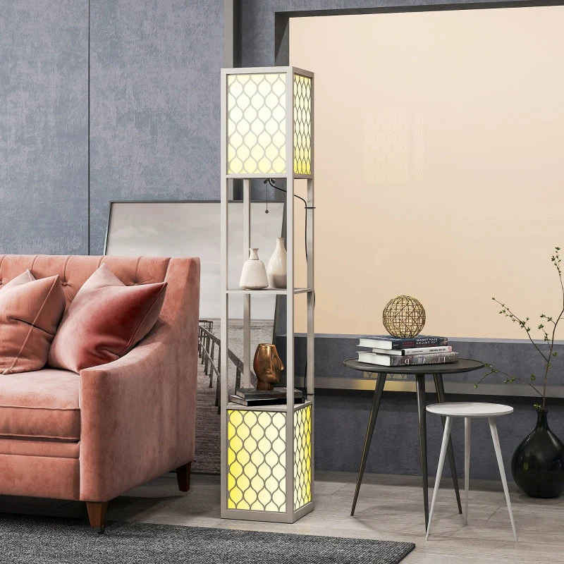 Floor Lamp, Modern Design with 2 Shelves, Pull Chain Switch, Light Grey