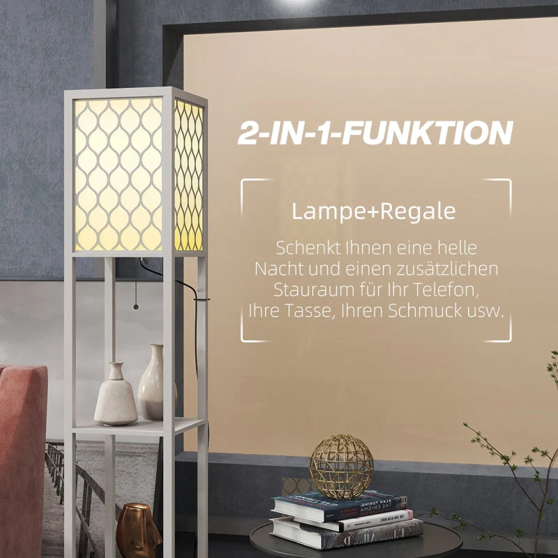 Floor Lamp, Modern Design with 2 Shelves, Pull Chain Switch, Light Grey - Image 4