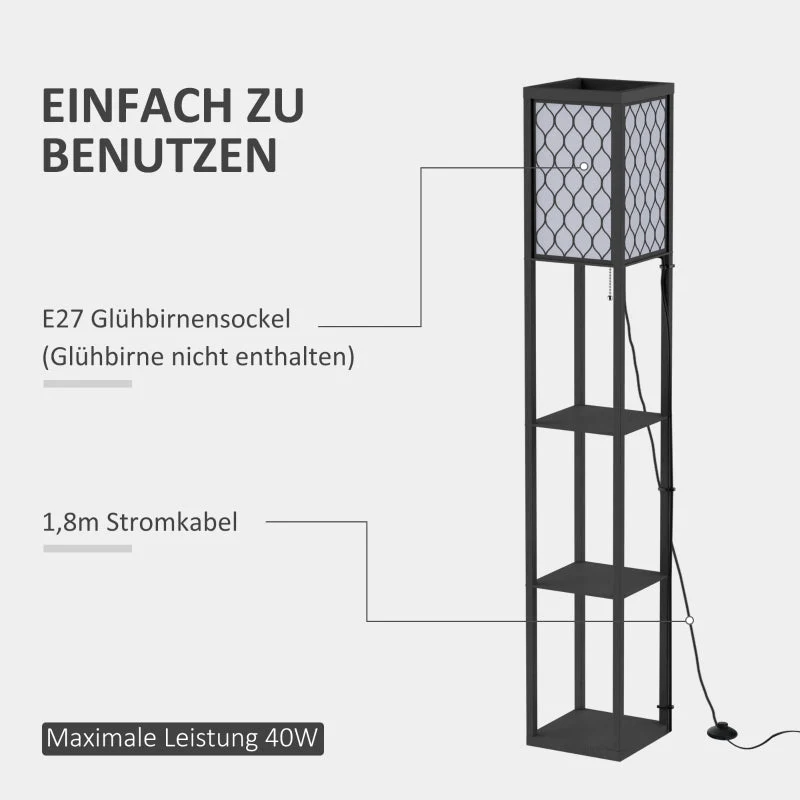 Floor Lamp with Shelves E27 40W Indoor Lighting, Wood Black - Image 7