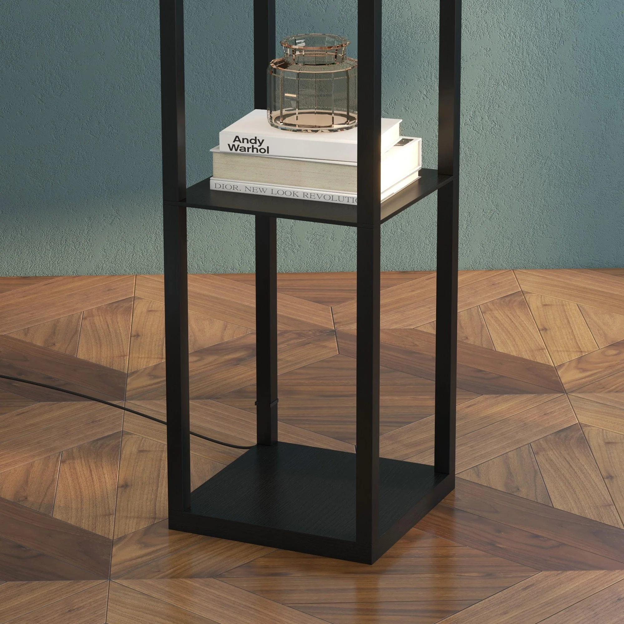 Floor Lamp with Shelves, E27 40W, Wood in Black - Image 8