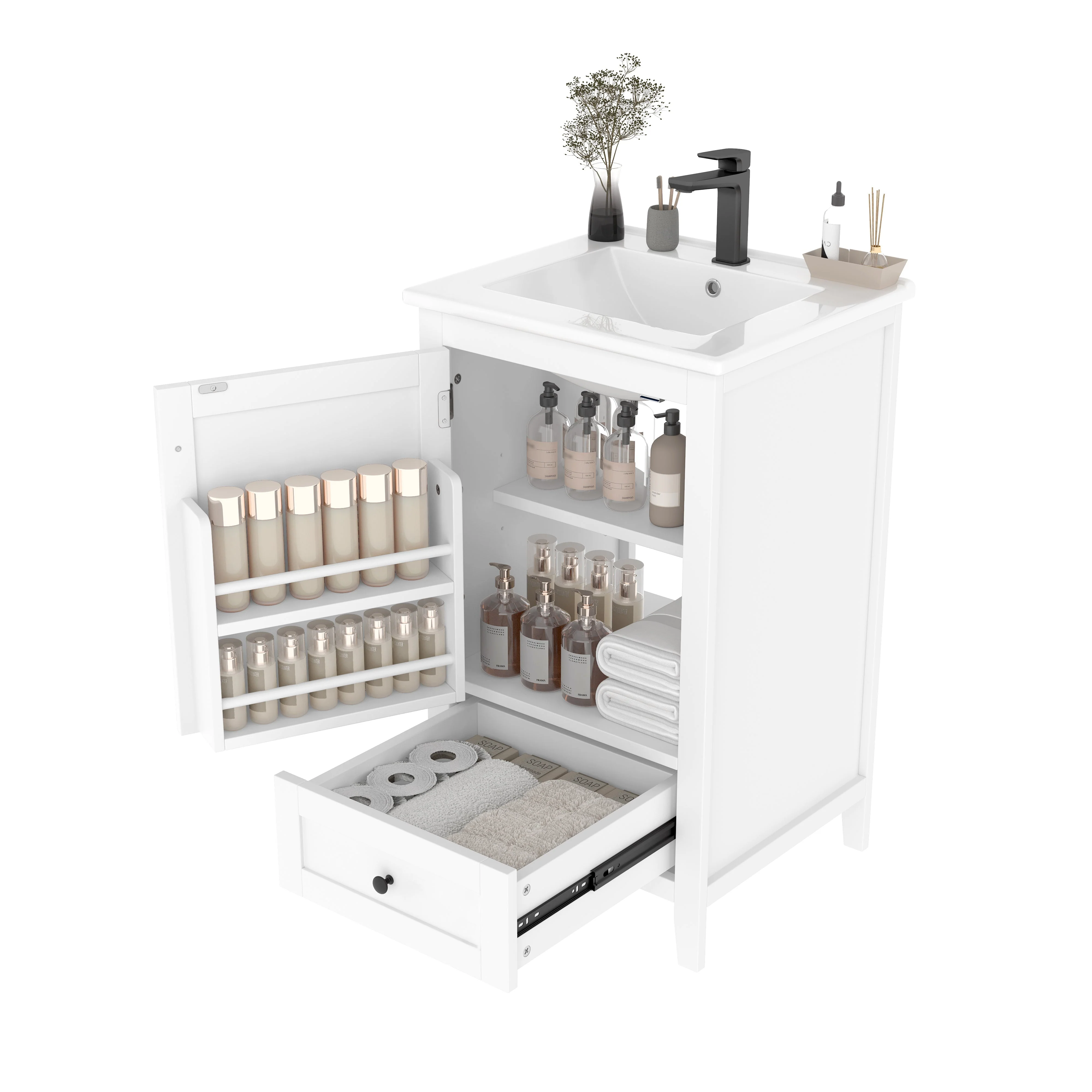 Floor-standing Bathroom Cabinet with Ceramic Sink and Storage Drawer, White - Image 9