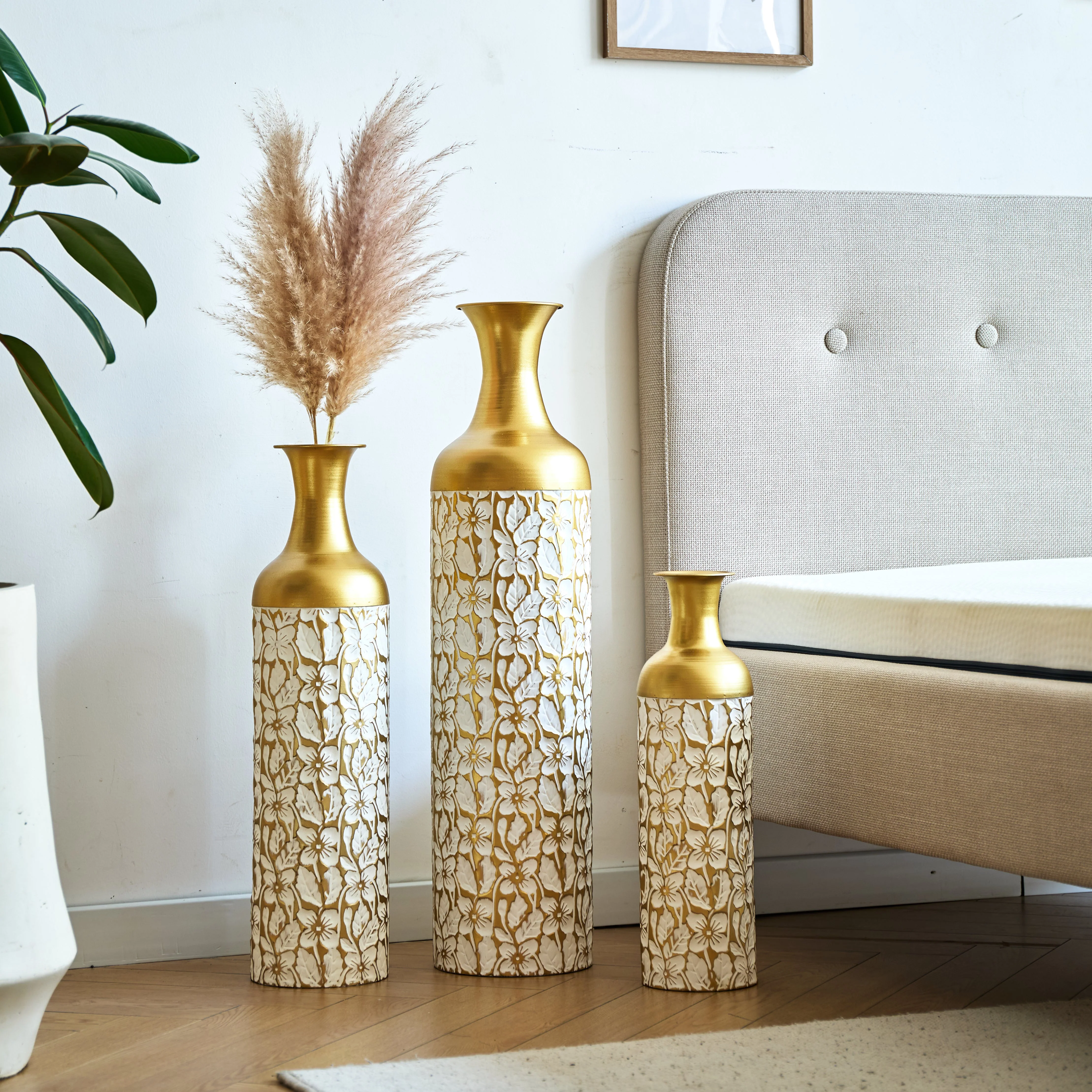 Floor Vase Set 3 Retro 83/65/50cm High White Gold Metal - Image 2