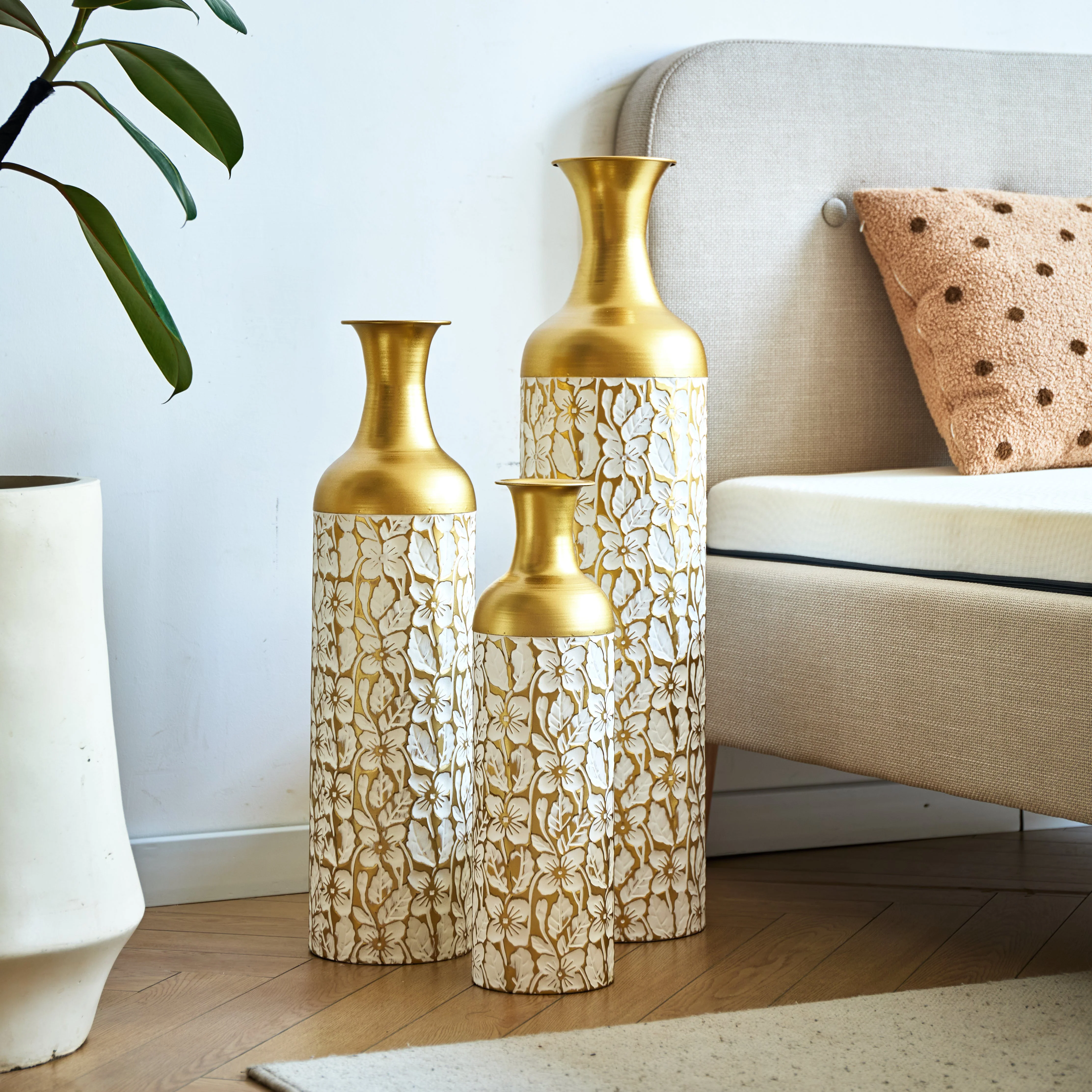 Floor Vase Set 3 Retro 83/65/50cm High White Gold Metal - Image 5