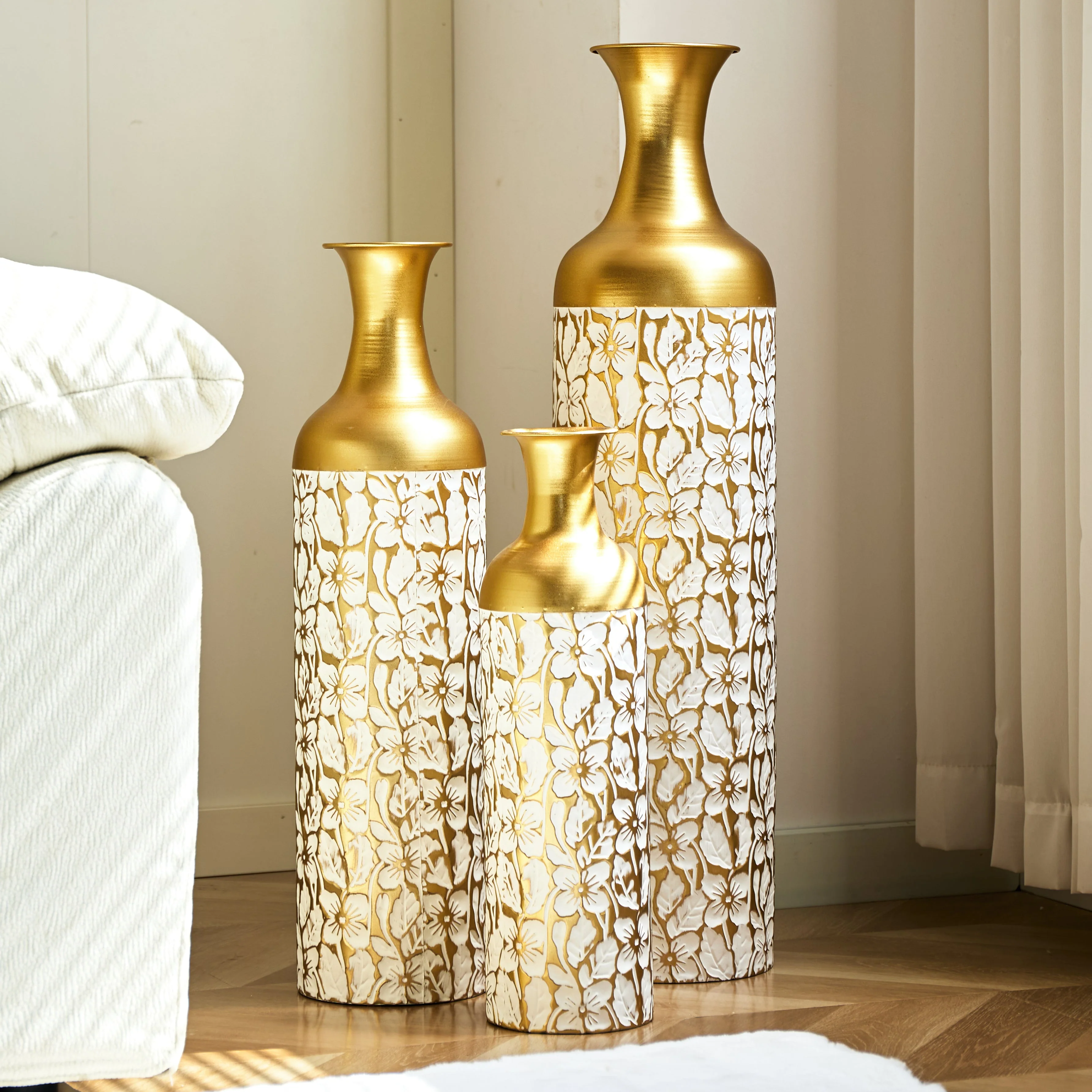 Floor Vase Set 3 Retro 83/65/50cm High White Gold Metal - Image 7