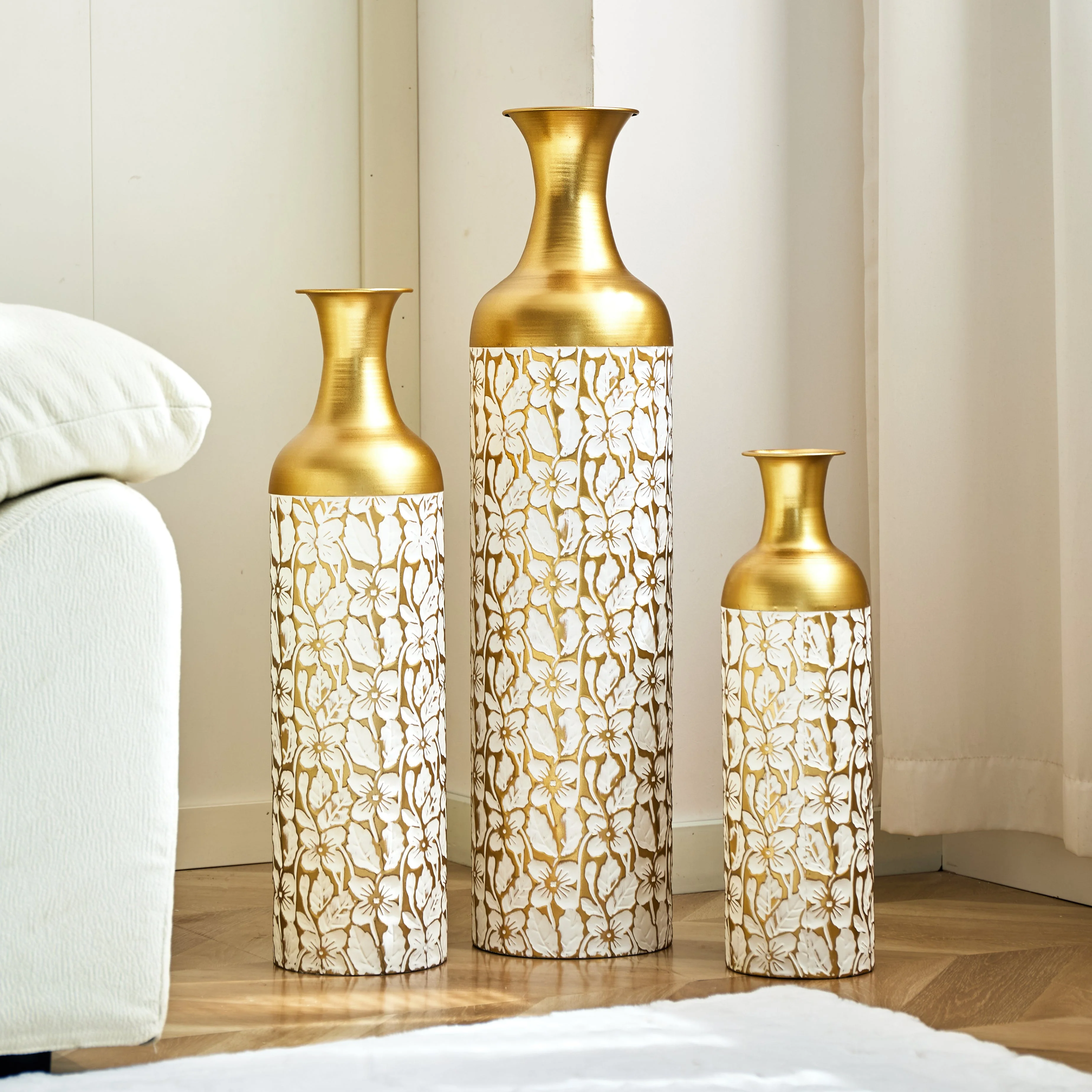 Floor Vase Set 3 Retro 83/65/50cm High White Gold Metal - Image 9