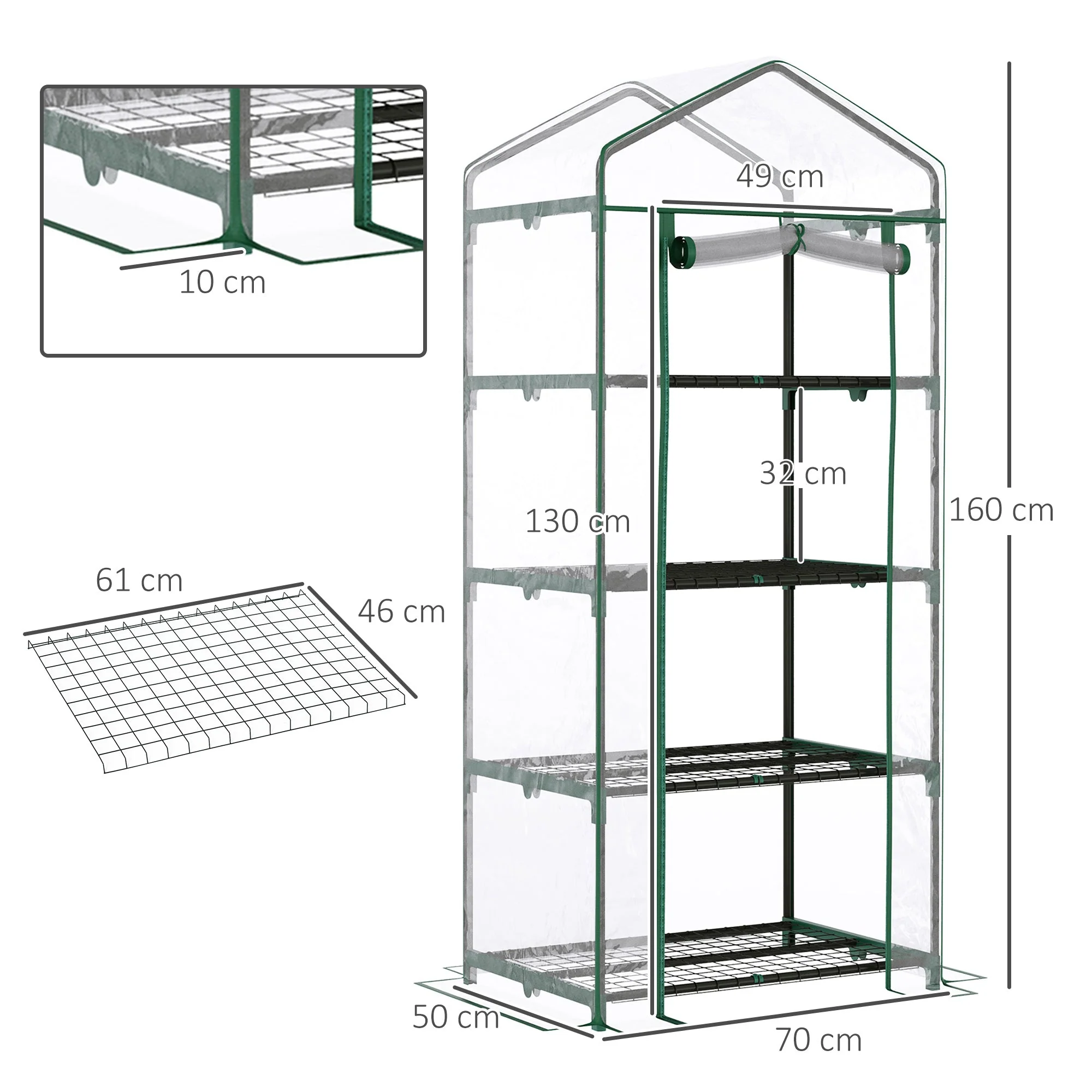Foil Greenhouse Cold Frame, 4 Shelves 70x50x160cm, Green - Image 3