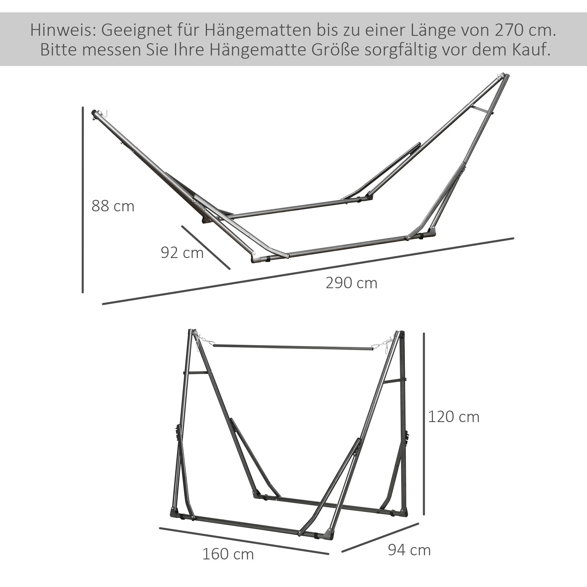 Foldable 2-in-1 Hammock Stand & Clothes Rack, 120kg Load Capacity, 290x92x88cm, for Garden & Patio - Image 3