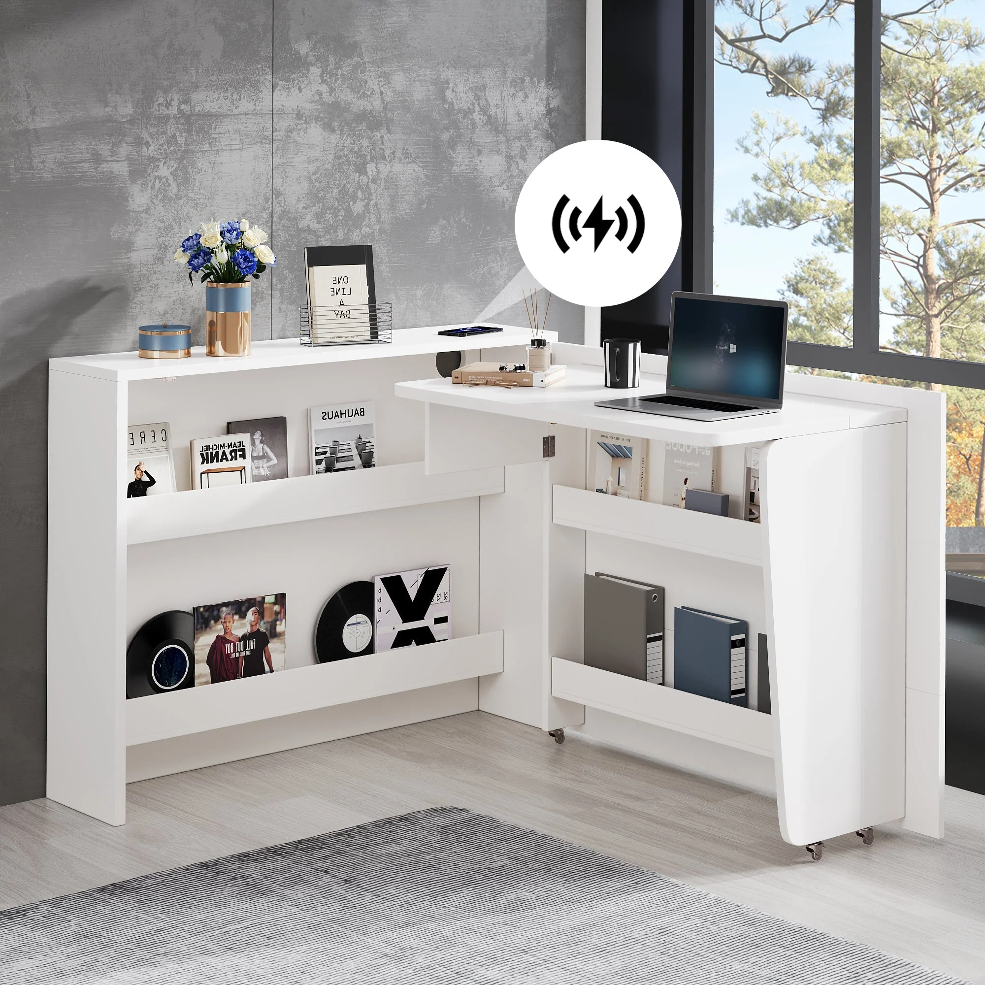 Foldable Desk, 2-in-1 Sideboard & Workstation with Wireless Charger & Wheels, White High Gloss - Image 3