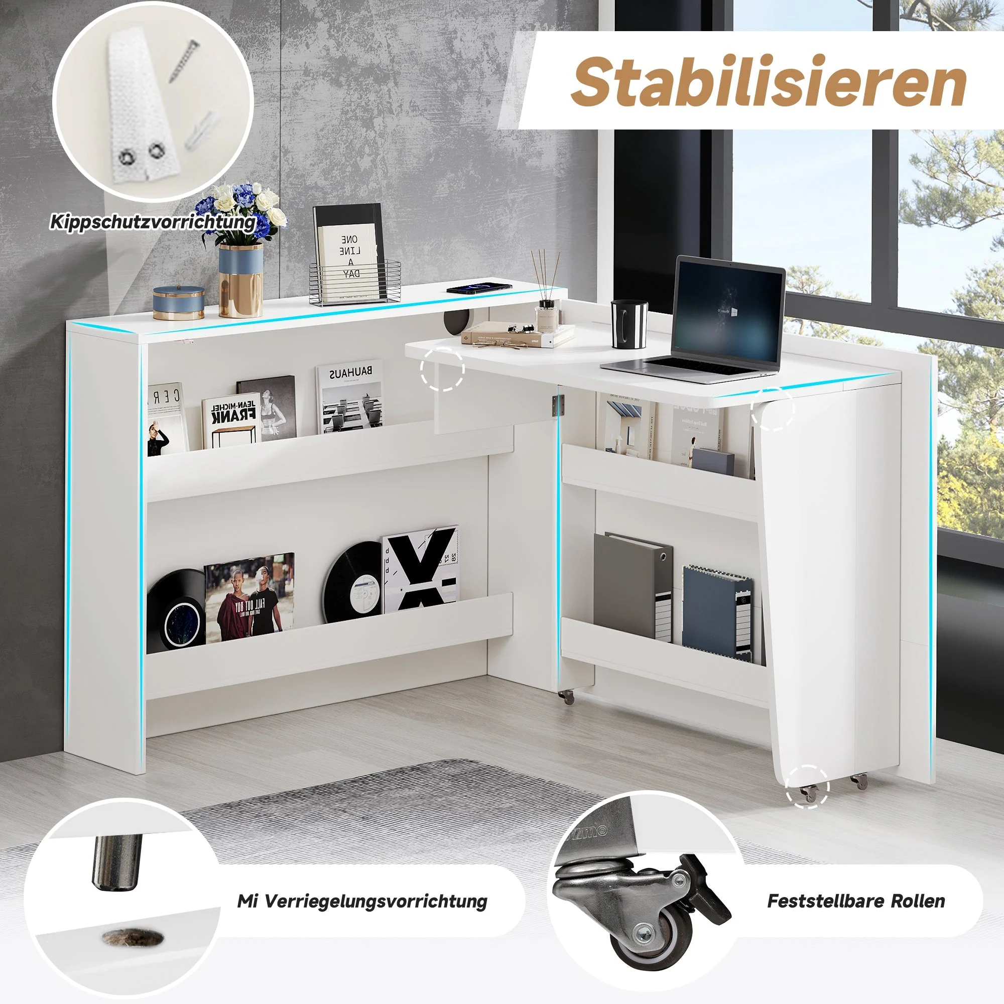 Foldable Desk, 2-in-1 Sideboard & Workstation with Wireless Charger & Wheels, White High Gloss - Image 6