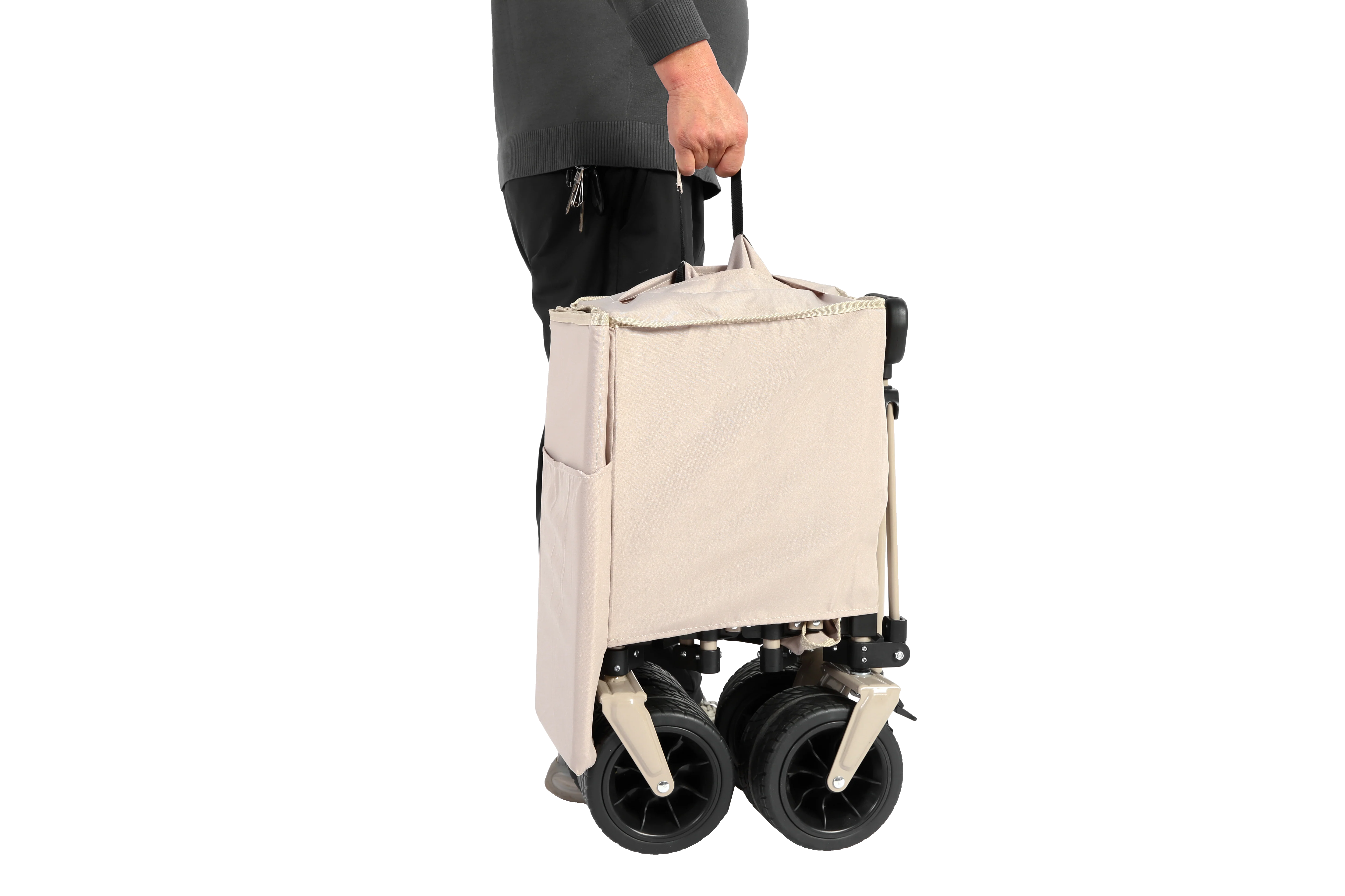 Foldable Extended Wagon, 220lbs Capacity, 300L Utility Cart, All-Terrain Wheels, Drink Holders, Beige - Image 3