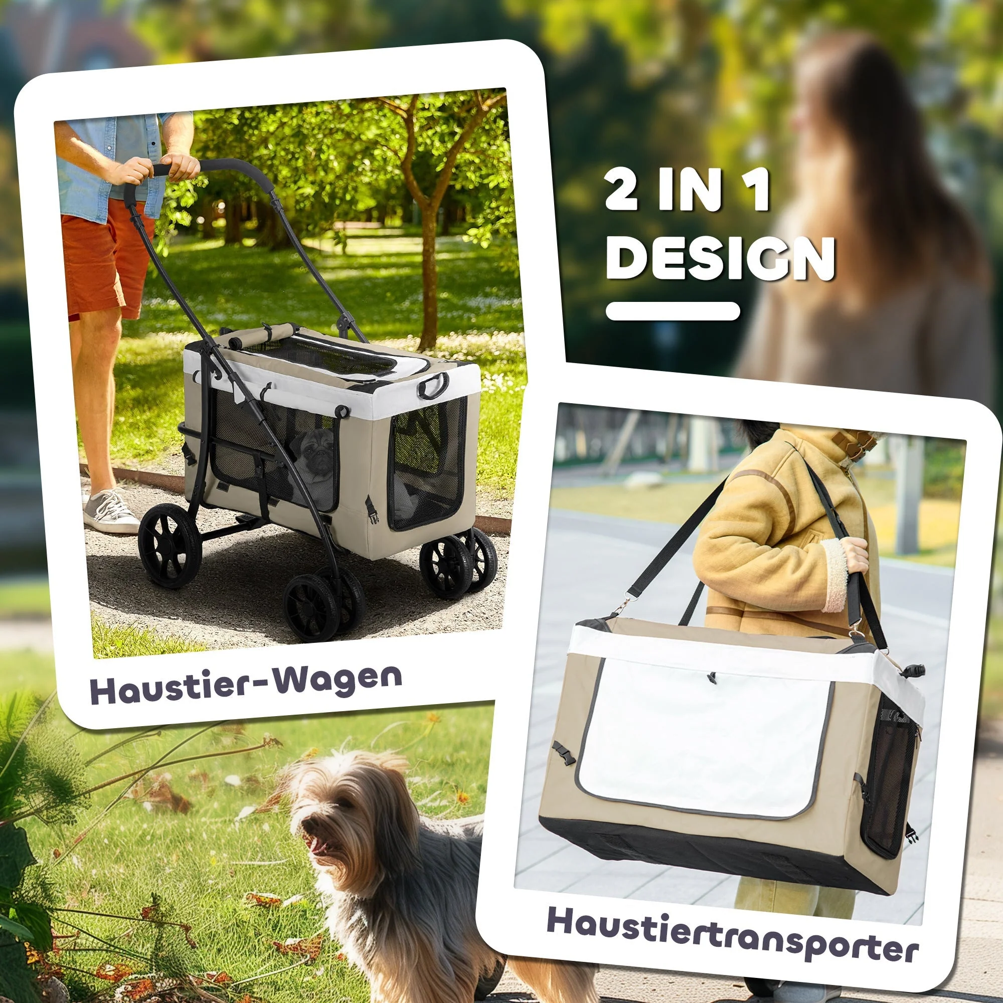 Foldable Pet Stroller, Removable Bag, 4 Wheels, Khaki 600D Oxford Fabric - Image 5